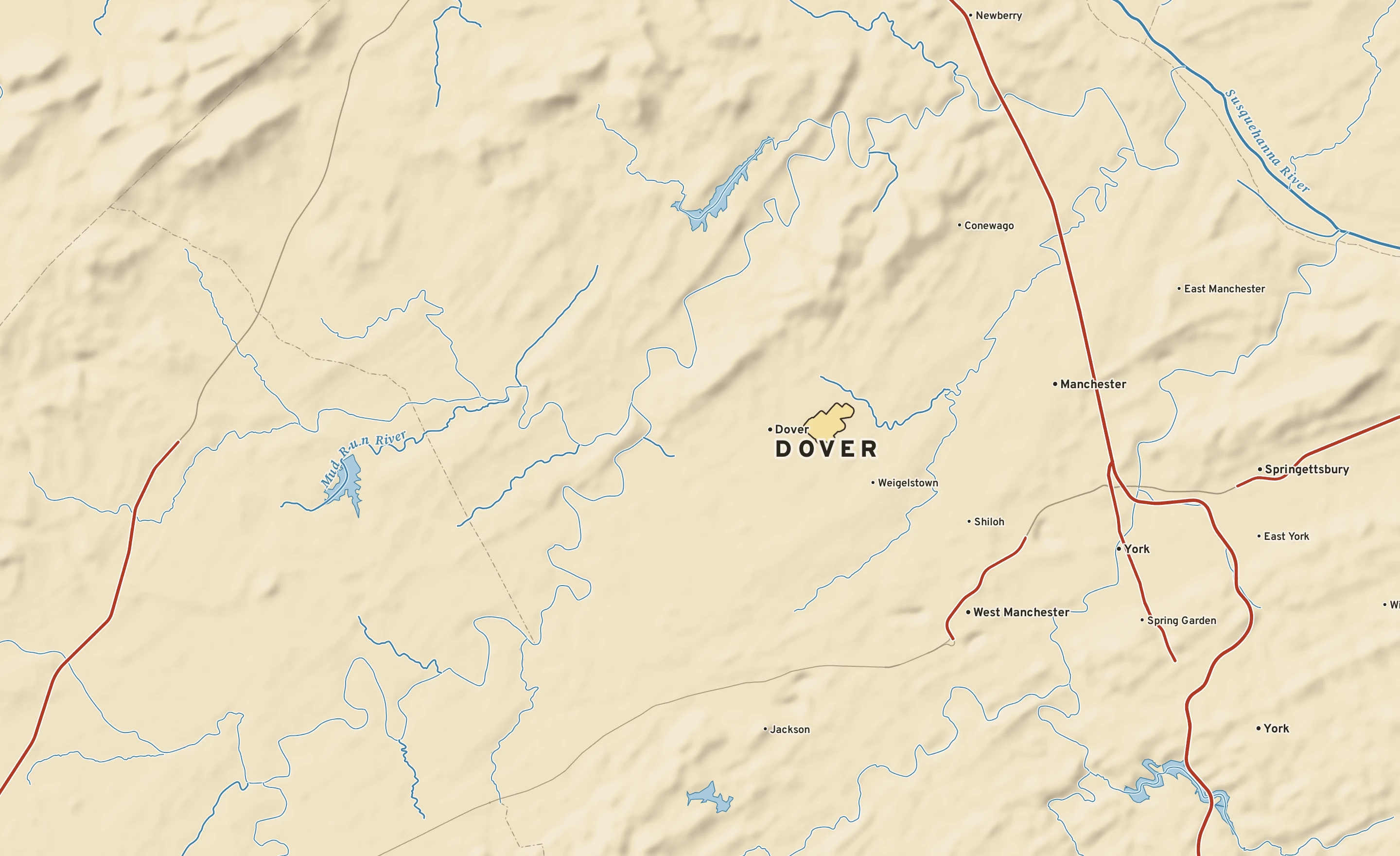 Shaded-relief atlas plate of Dover, Pennsylvania: rivers, roads, the city limits and where the water drains.
