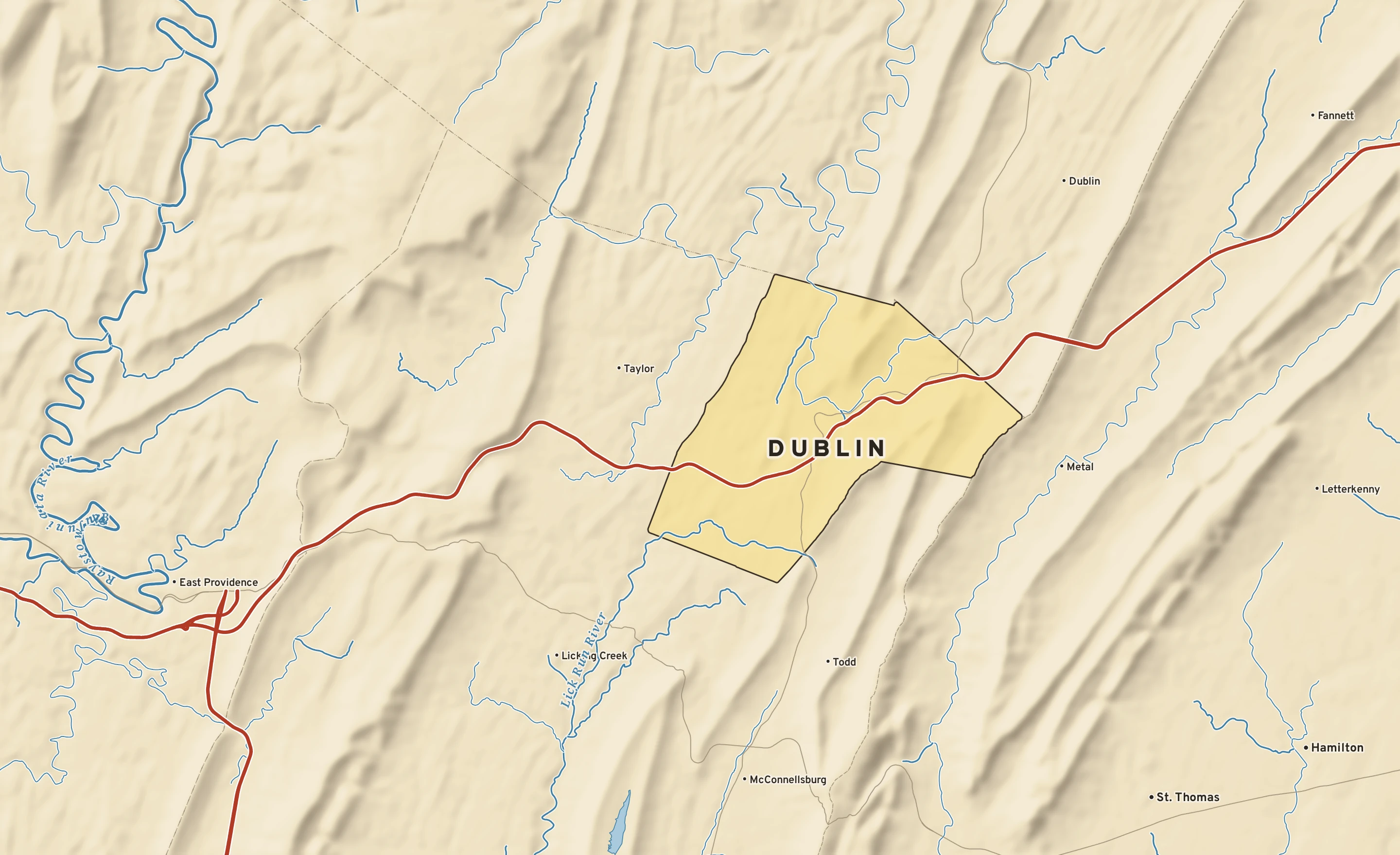 Shaded-relief atlas plate of Dublin, Pennsylvania: rivers, roads, the city limits and where the water drains.