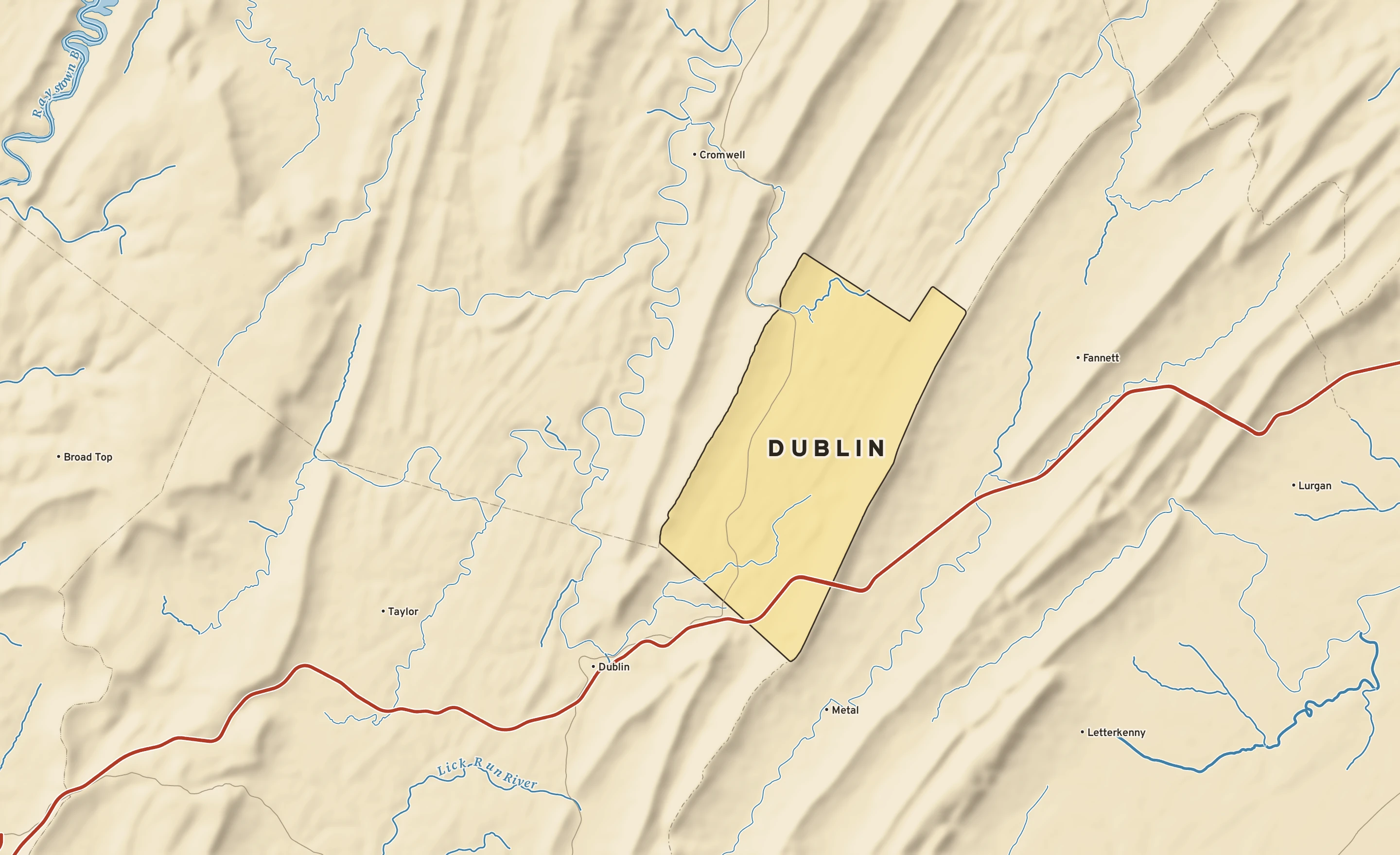 Shaded-relief atlas plate of Dublin, Pennsylvania: rivers, roads, the city limits and where the water drains.