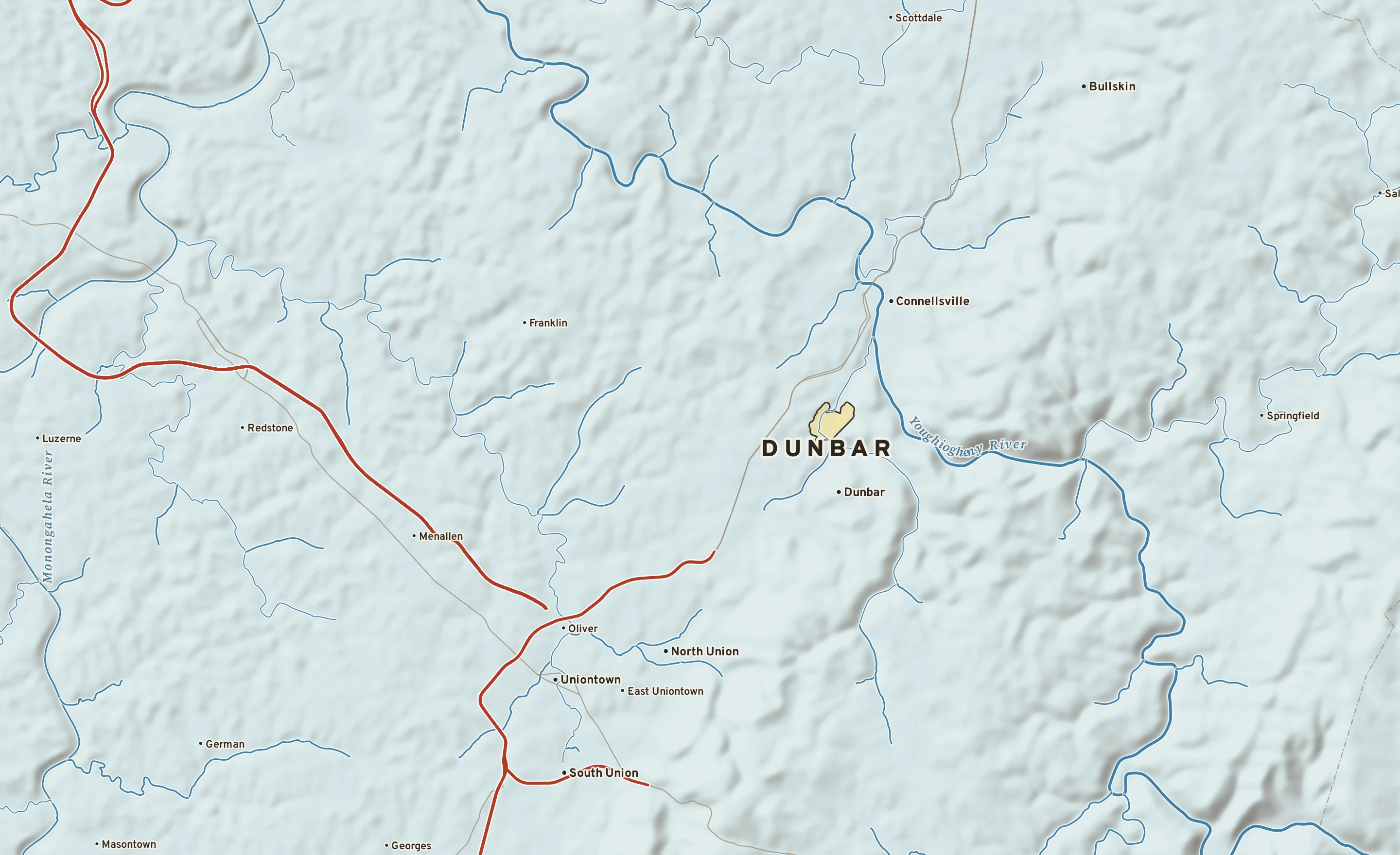 Shaded-relief atlas plate of Dunbar, Pennsylvania: rivers, roads, the city limits and where the water drains.