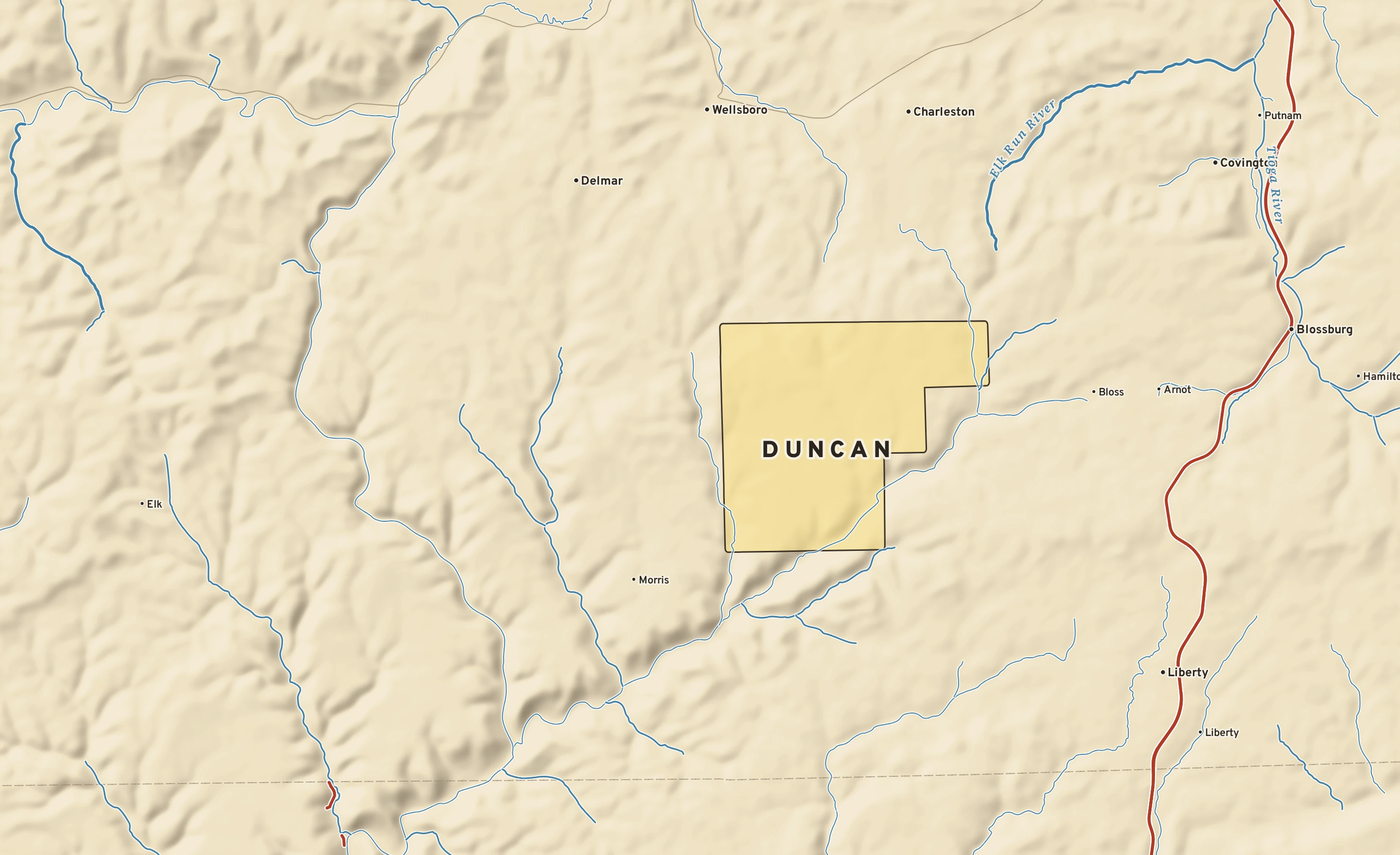 Shaded-relief atlas plate of Duncan, Pennsylvania: rivers, roads, the city limits and where the water drains.