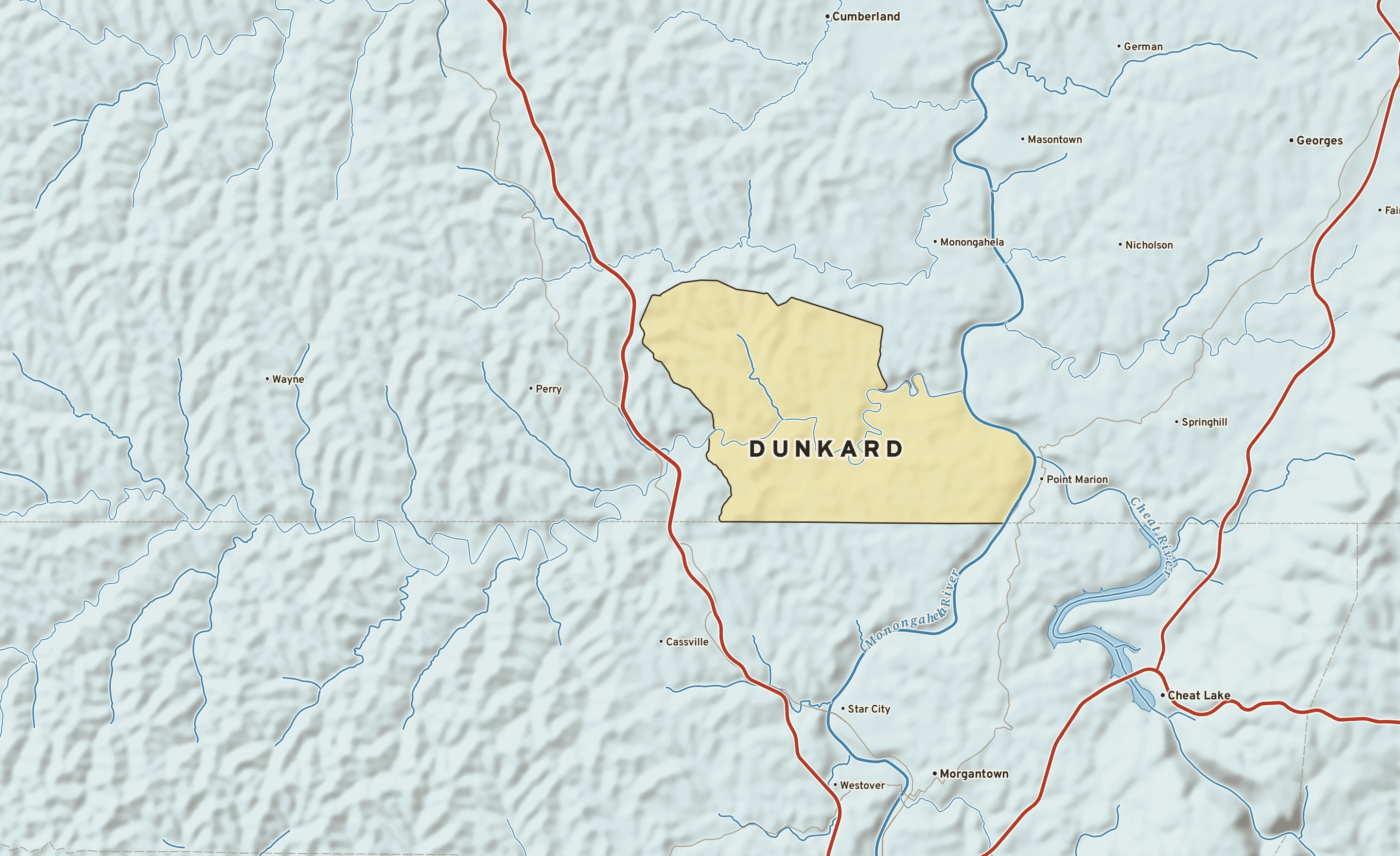 Shaded-relief atlas plate of Dunkard, Pennsylvania: rivers, roads, the city limits and where the water drains.