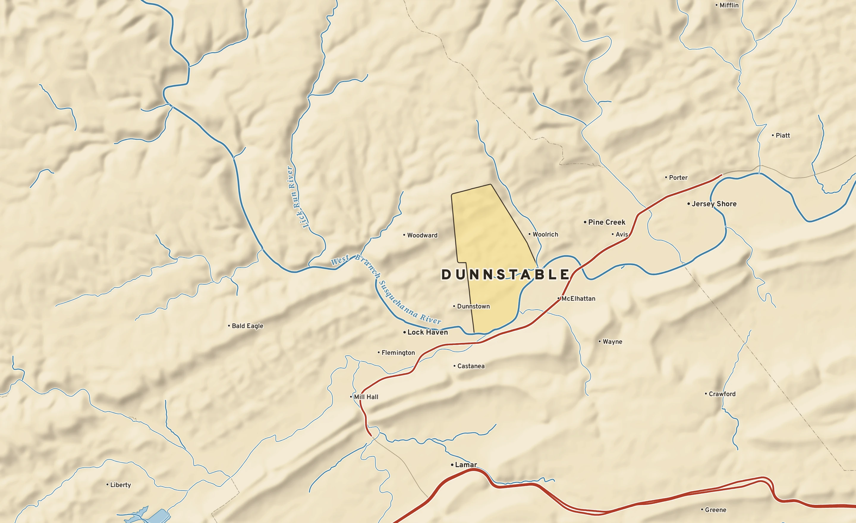 Shaded-relief atlas plate of Dunnstable, Pennsylvania: rivers, roads, the city limits and where the water drains.