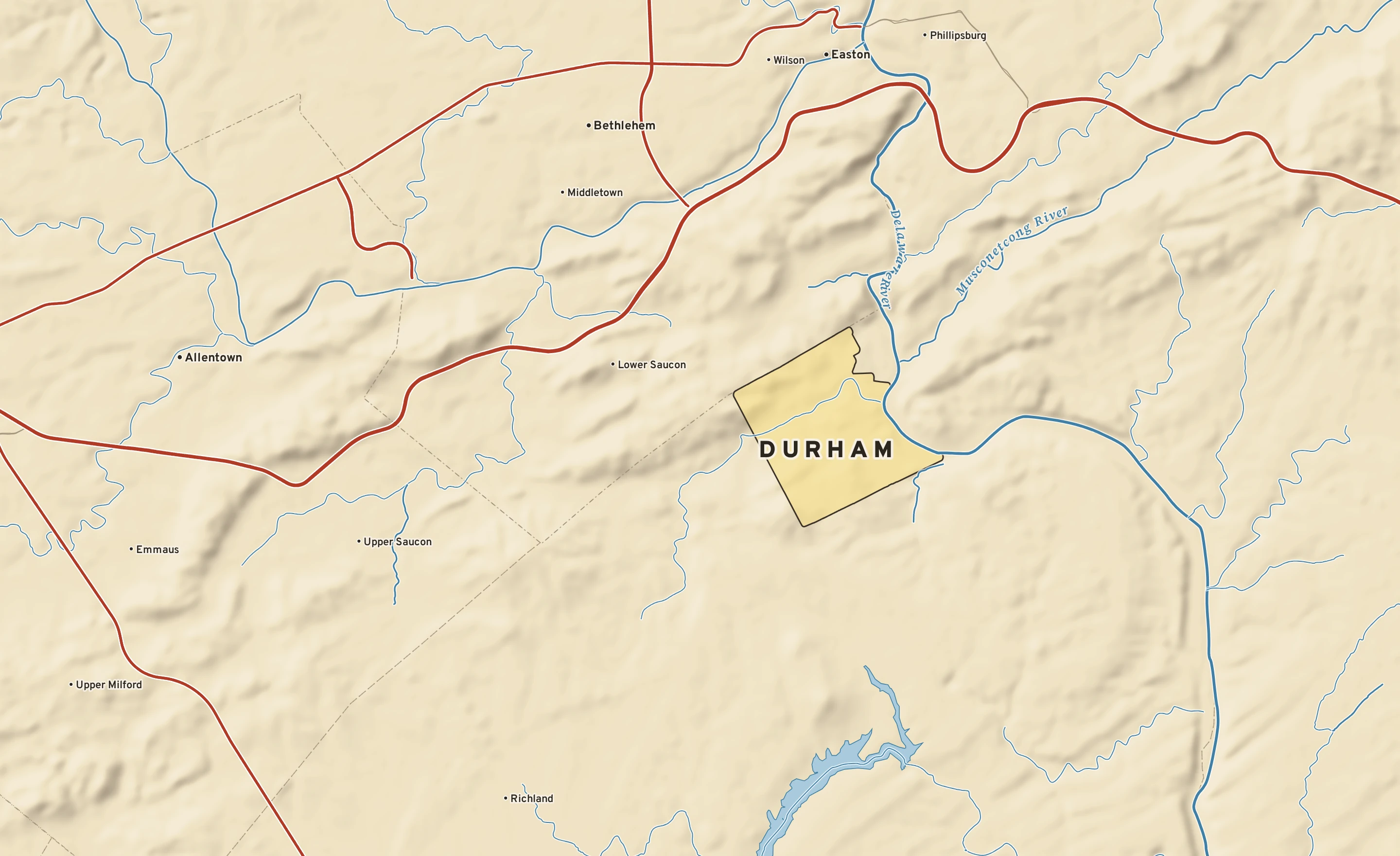 Shaded-relief atlas plate of Durham, Pennsylvania: rivers, roads, the city limits and where the water drains.