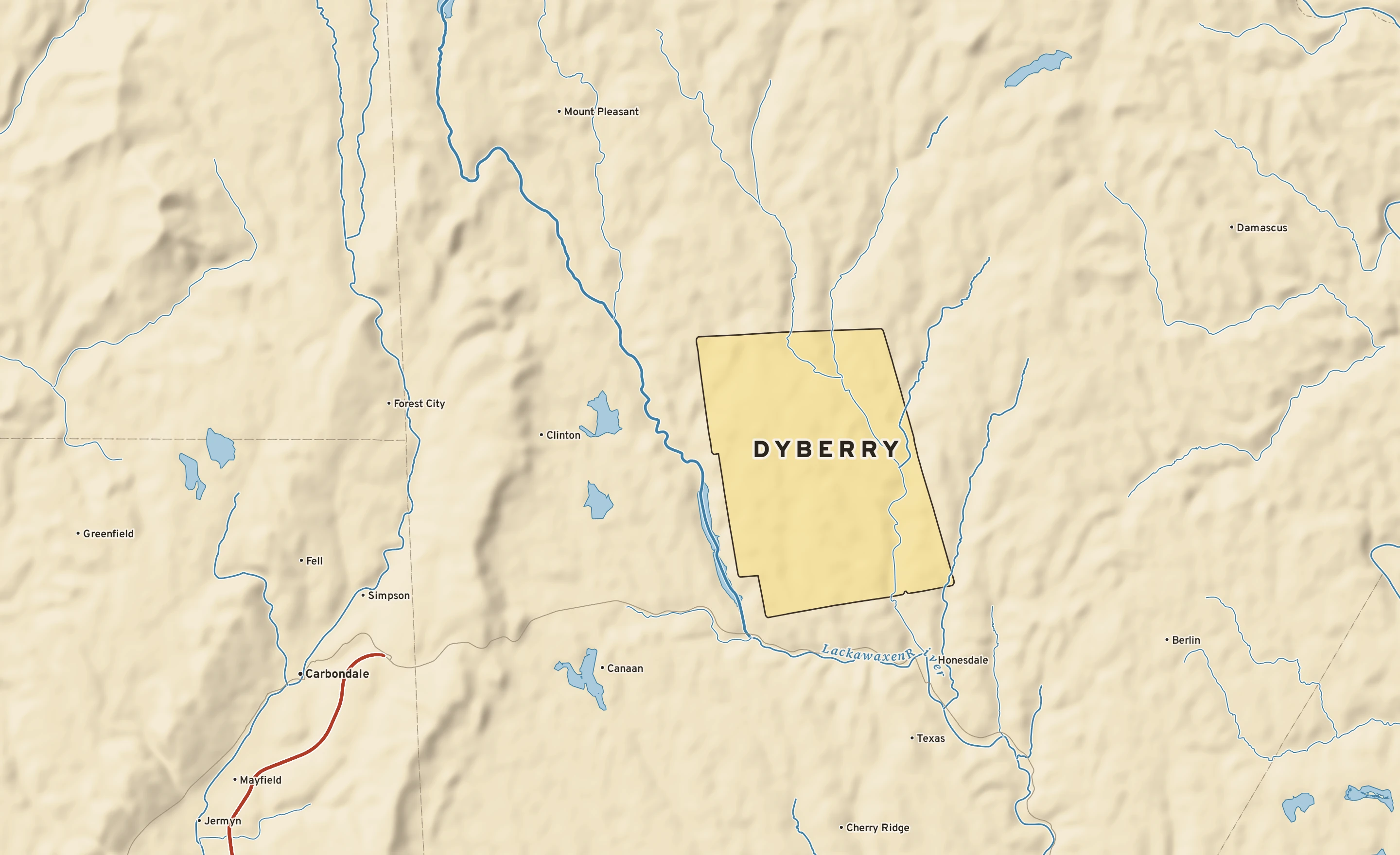 Shaded-relief atlas plate of Dyberry, Pennsylvania: rivers, roads, the city limits and where the water drains.
