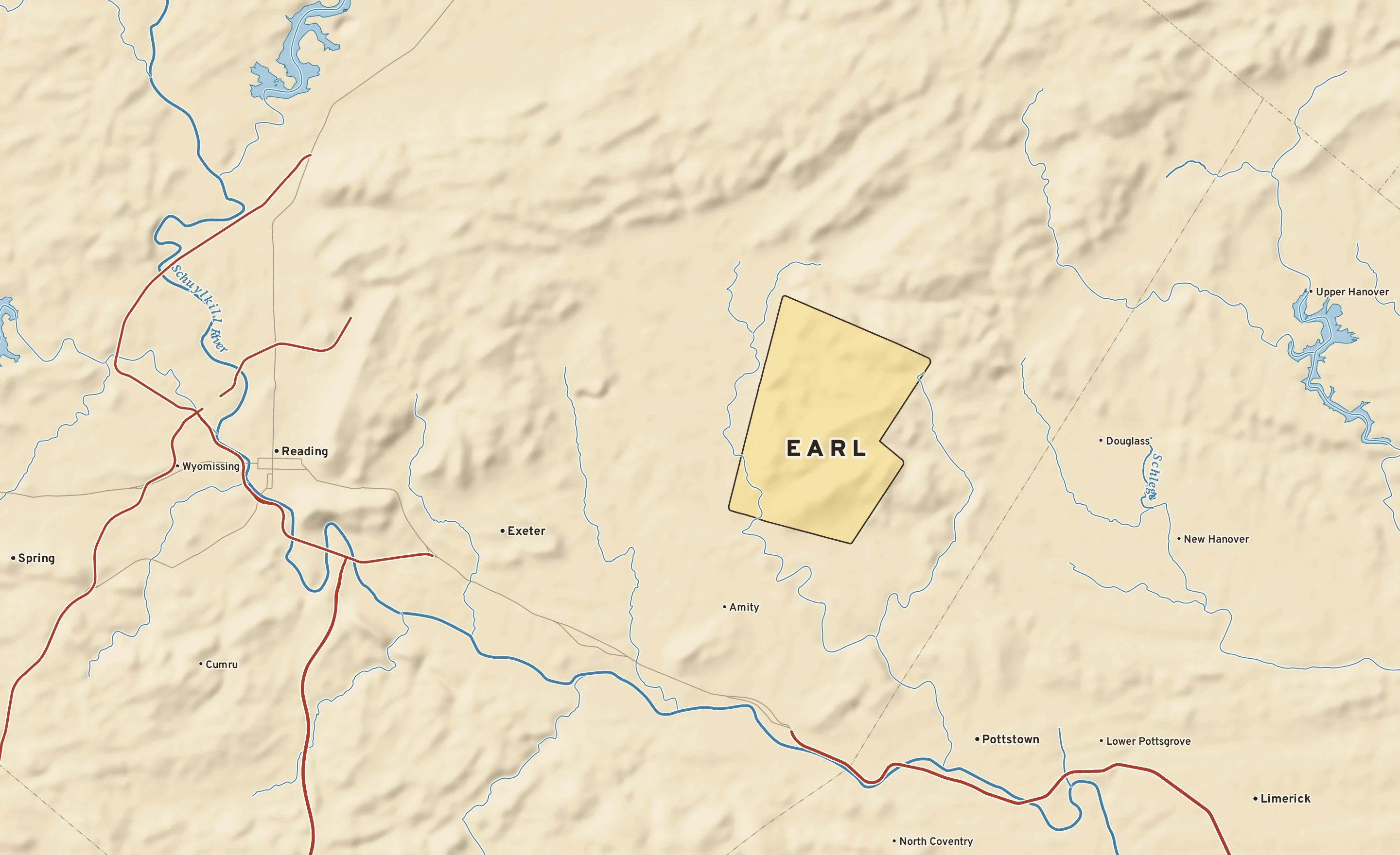 Shaded-relief atlas plate of Earl, Pennsylvania: rivers, roads, the city limits and where the water drains.