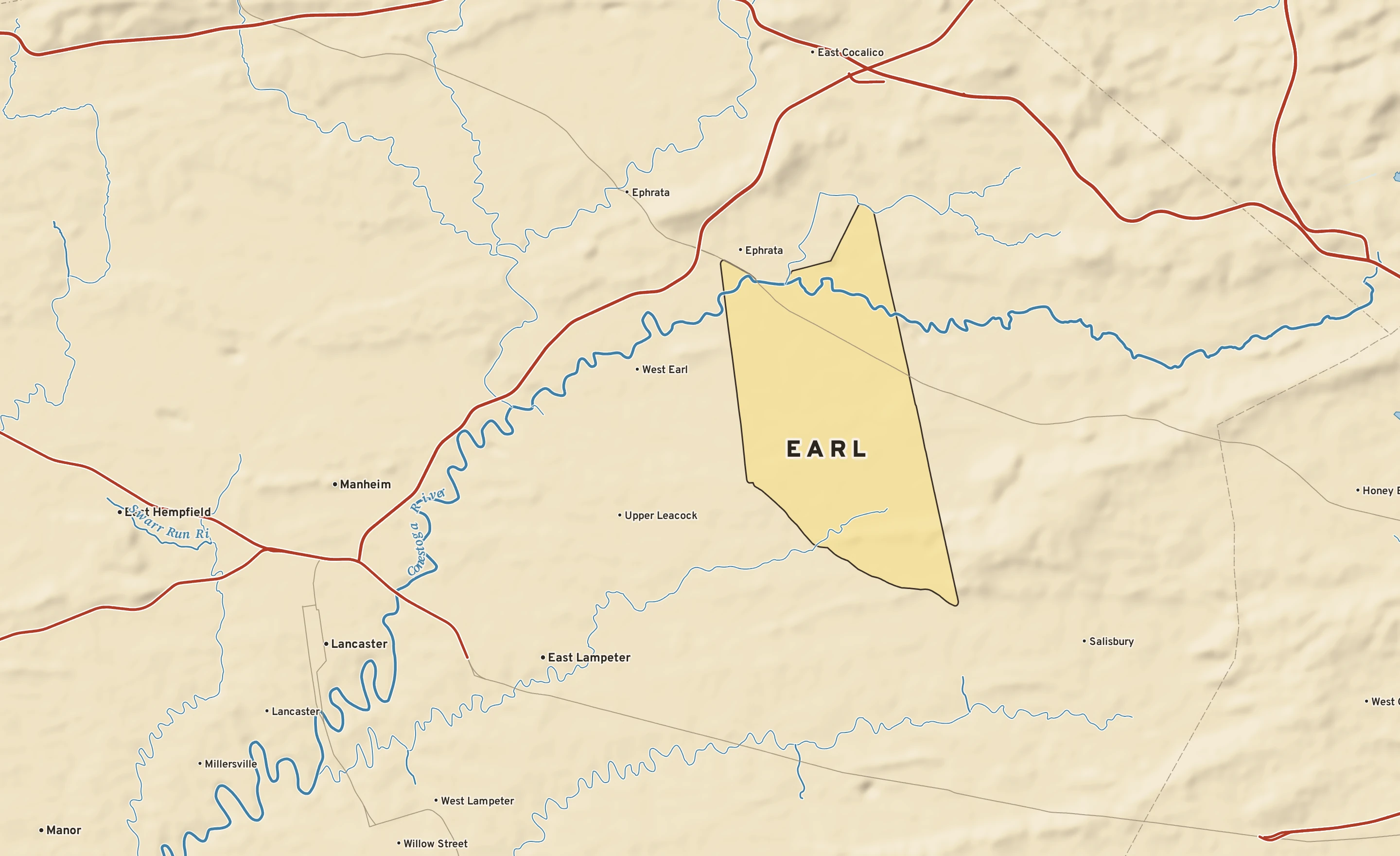 Shaded-relief atlas plate of Earl, Pennsylvania: rivers, roads, the city limits and where the water drains.