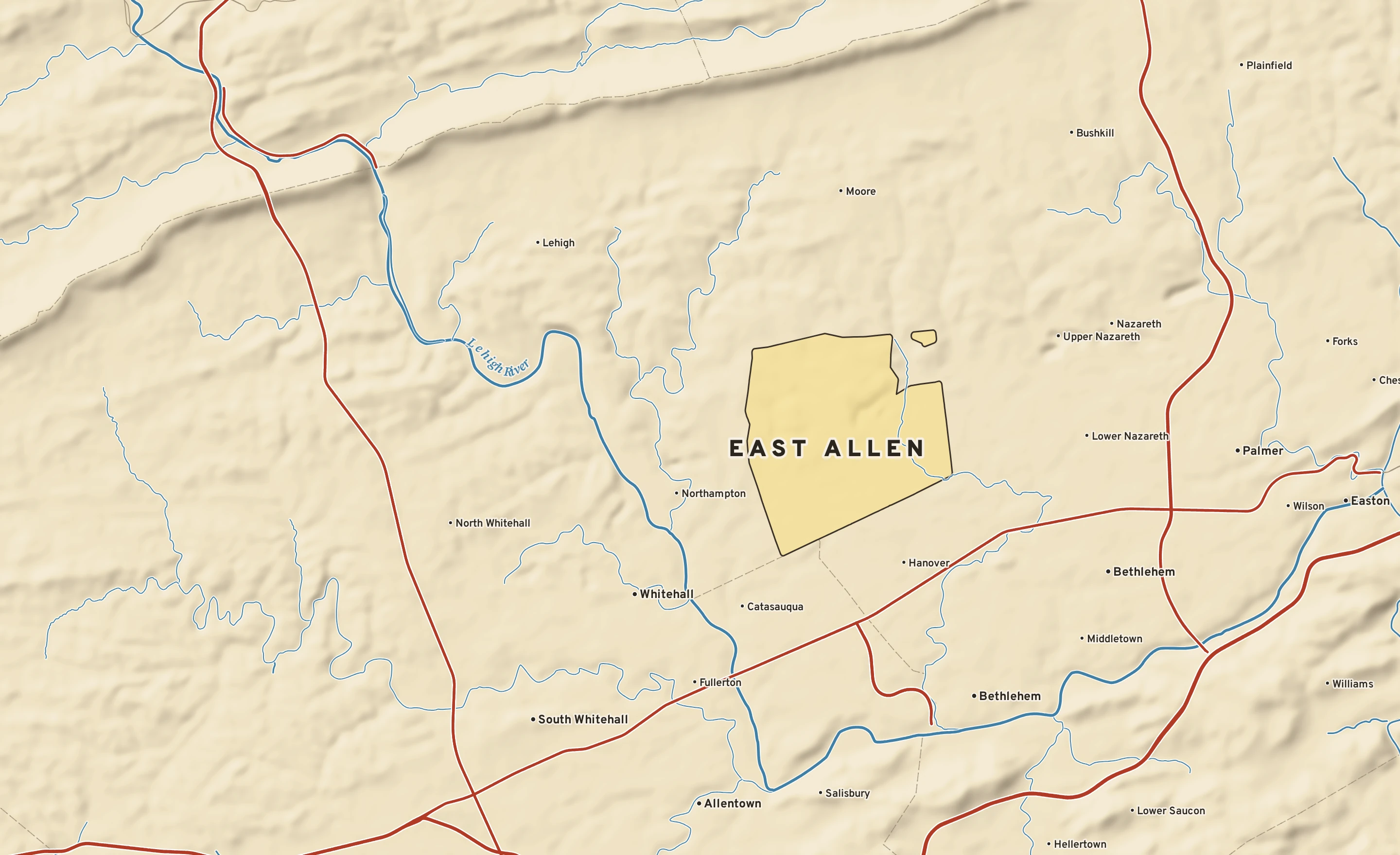 Shaded-relief atlas plate of East Allen, Pennsylvania: rivers, roads, the city limits and where the water drains.