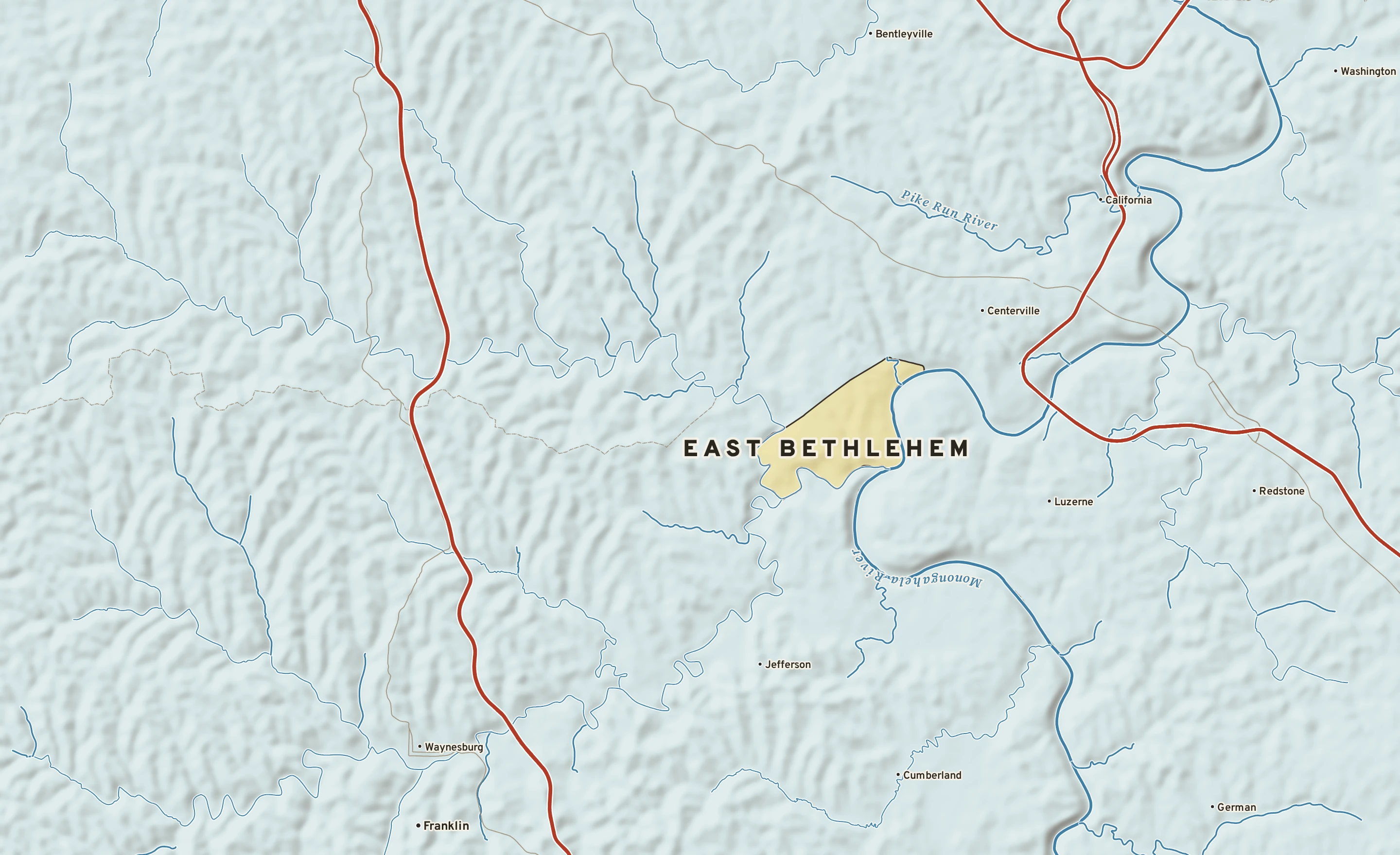 Shaded-relief atlas plate of East Bethlehem, Pennsylvania: rivers, roads, the city limits and where the water drains.