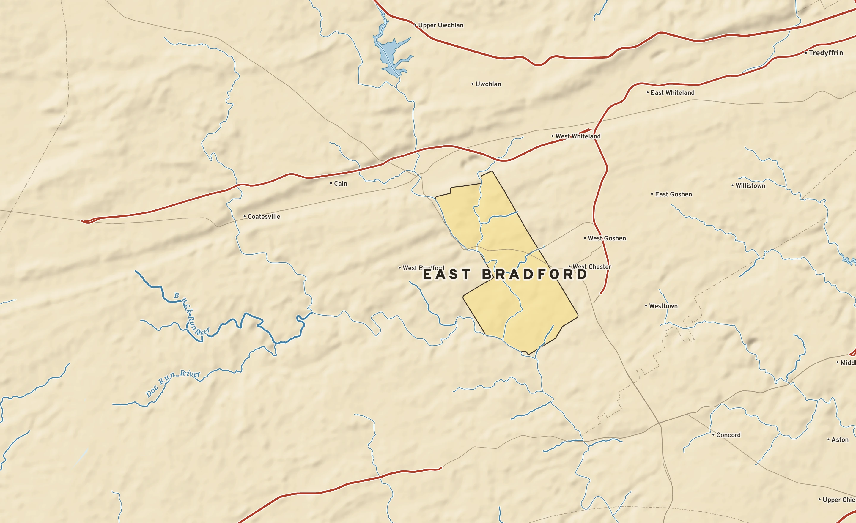 Shaded-relief atlas plate of East Bradford, Pennsylvania: rivers, roads, the city limits and where the water drains.