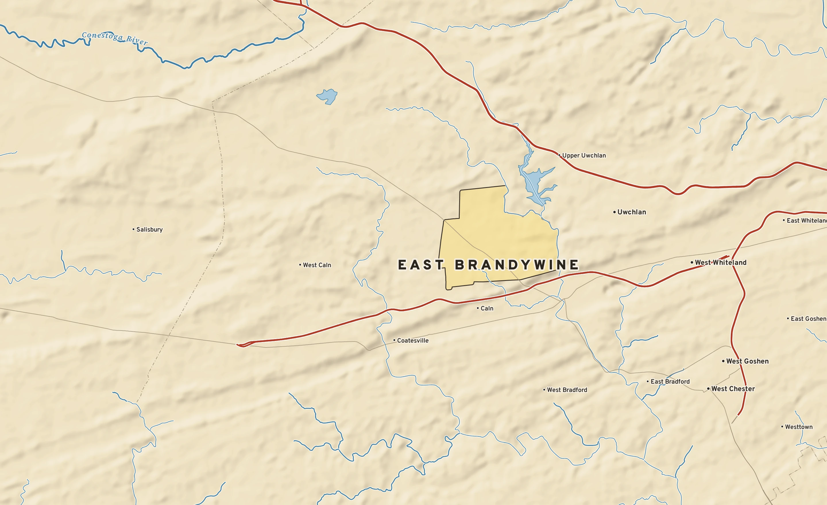 Shaded-relief atlas plate of East Brandywine, Pennsylvania: rivers, roads, the city limits and where the water drains.