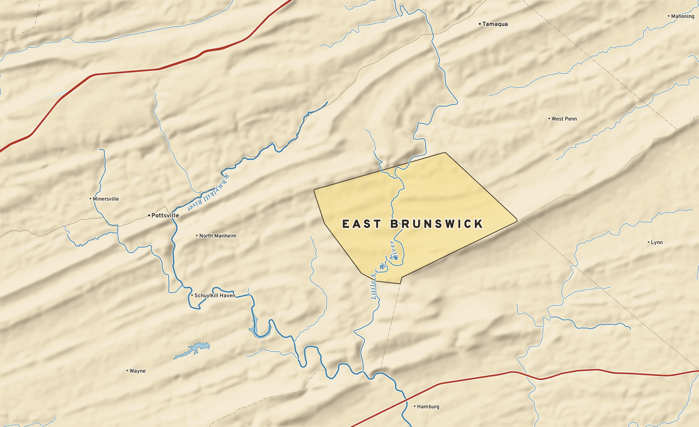 Shaded-relief atlas plate of East Brunswick, Pennsylvania: rivers, roads, the city limits and where the water drains.