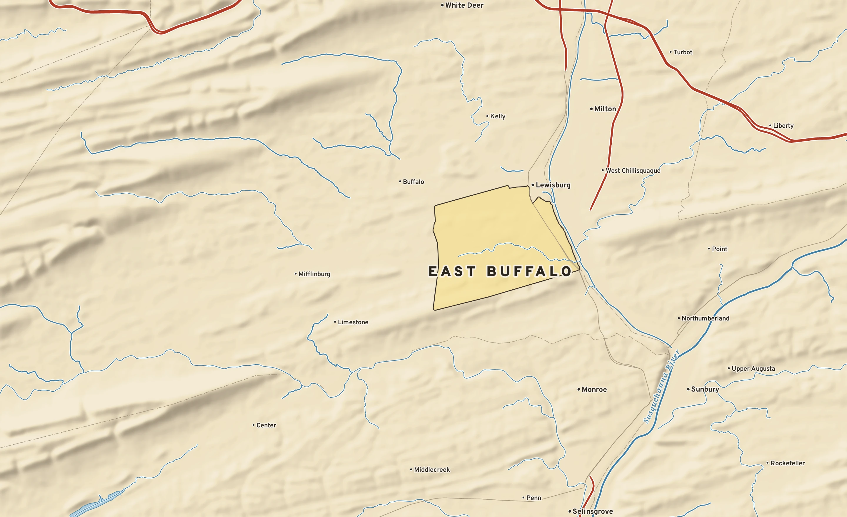 Shaded-relief atlas plate of East Buffalo, Pennsylvania: rivers, roads, the city limits and where the water drains.