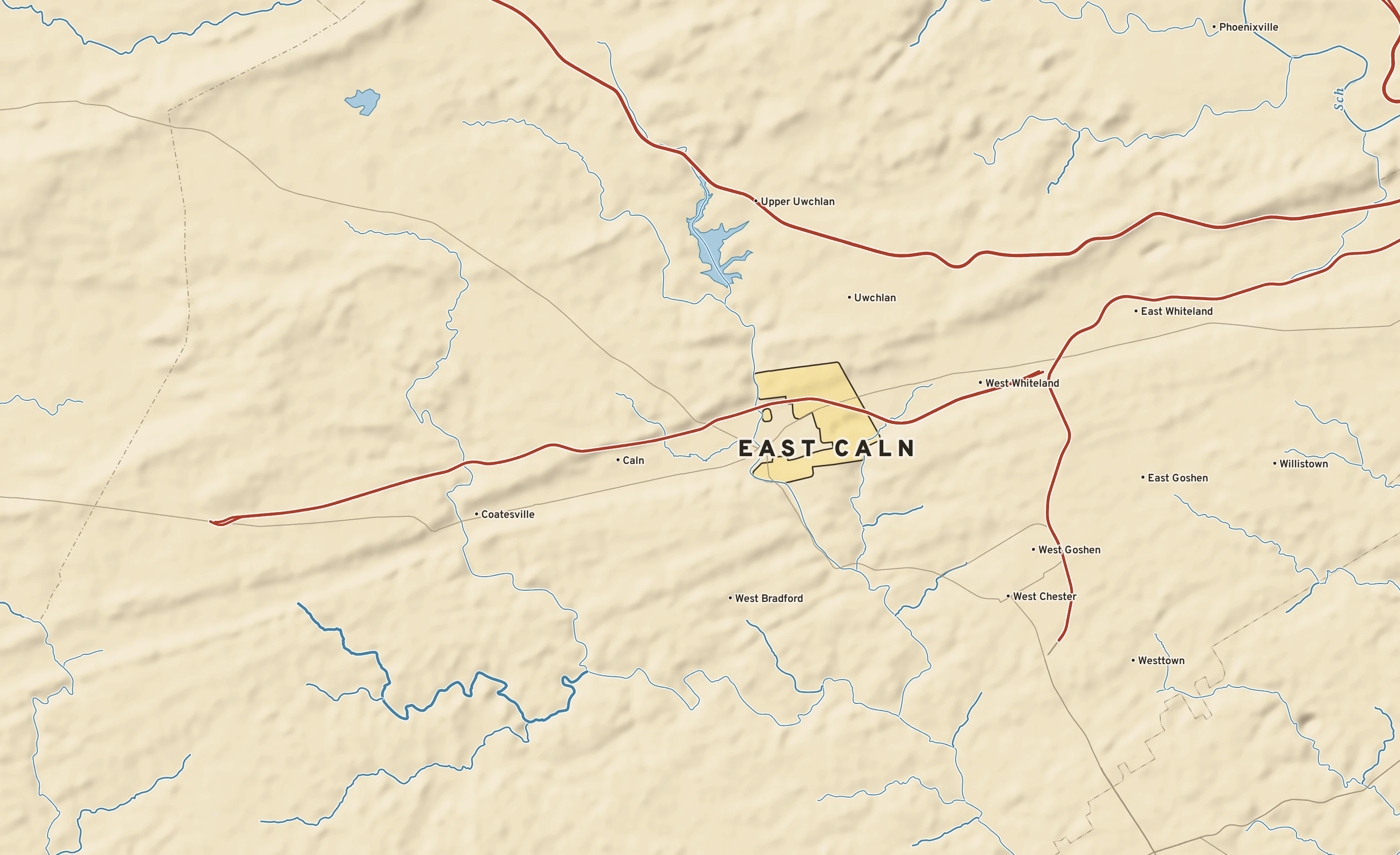 Shaded-relief atlas plate of East Caln, Pennsylvania: rivers, roads, the city limits and where the water drains.