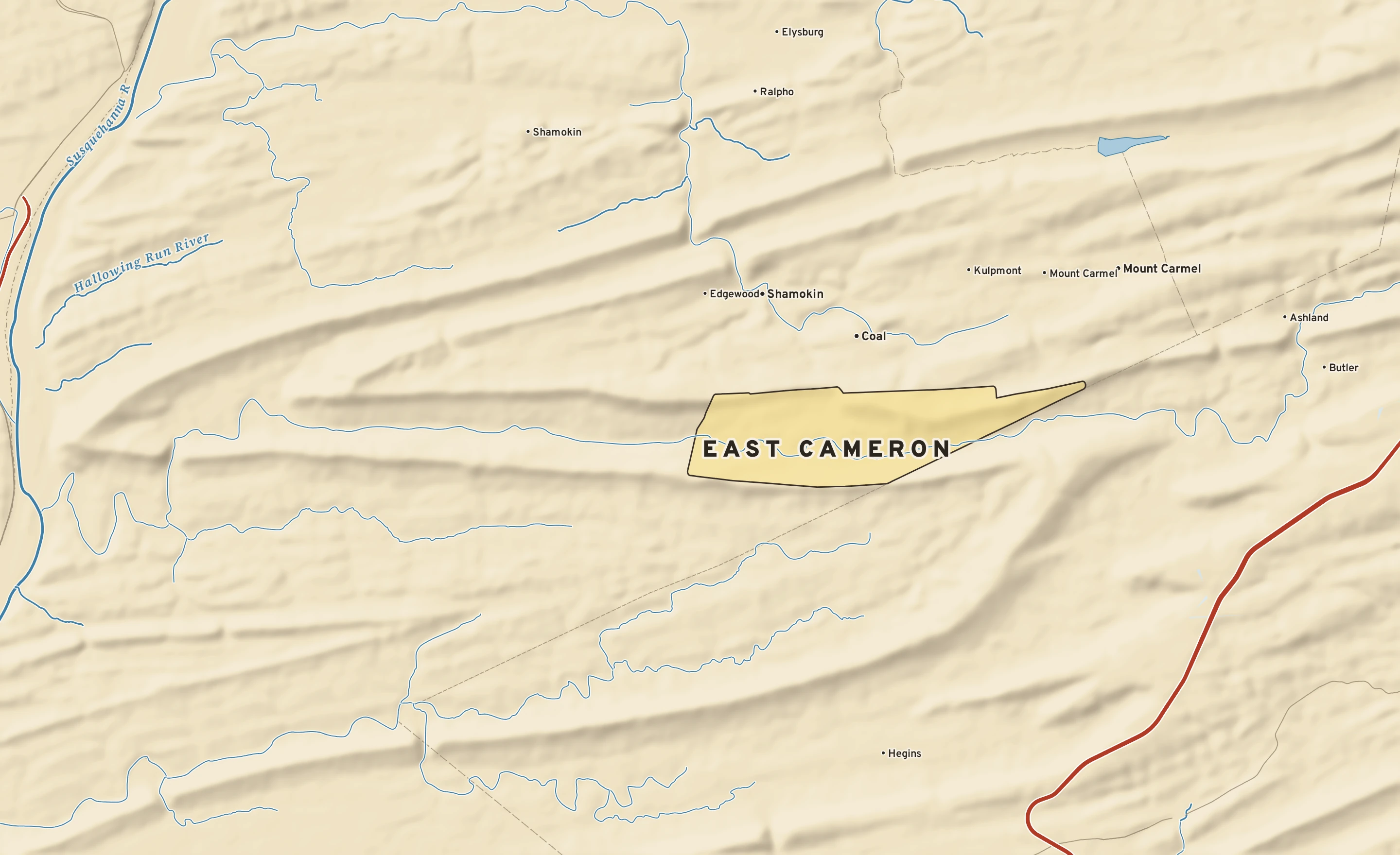 Shaded-relief atlas plate of East Cameron, Pennsylvania: rivers, roads, the city limits and where the water drains.