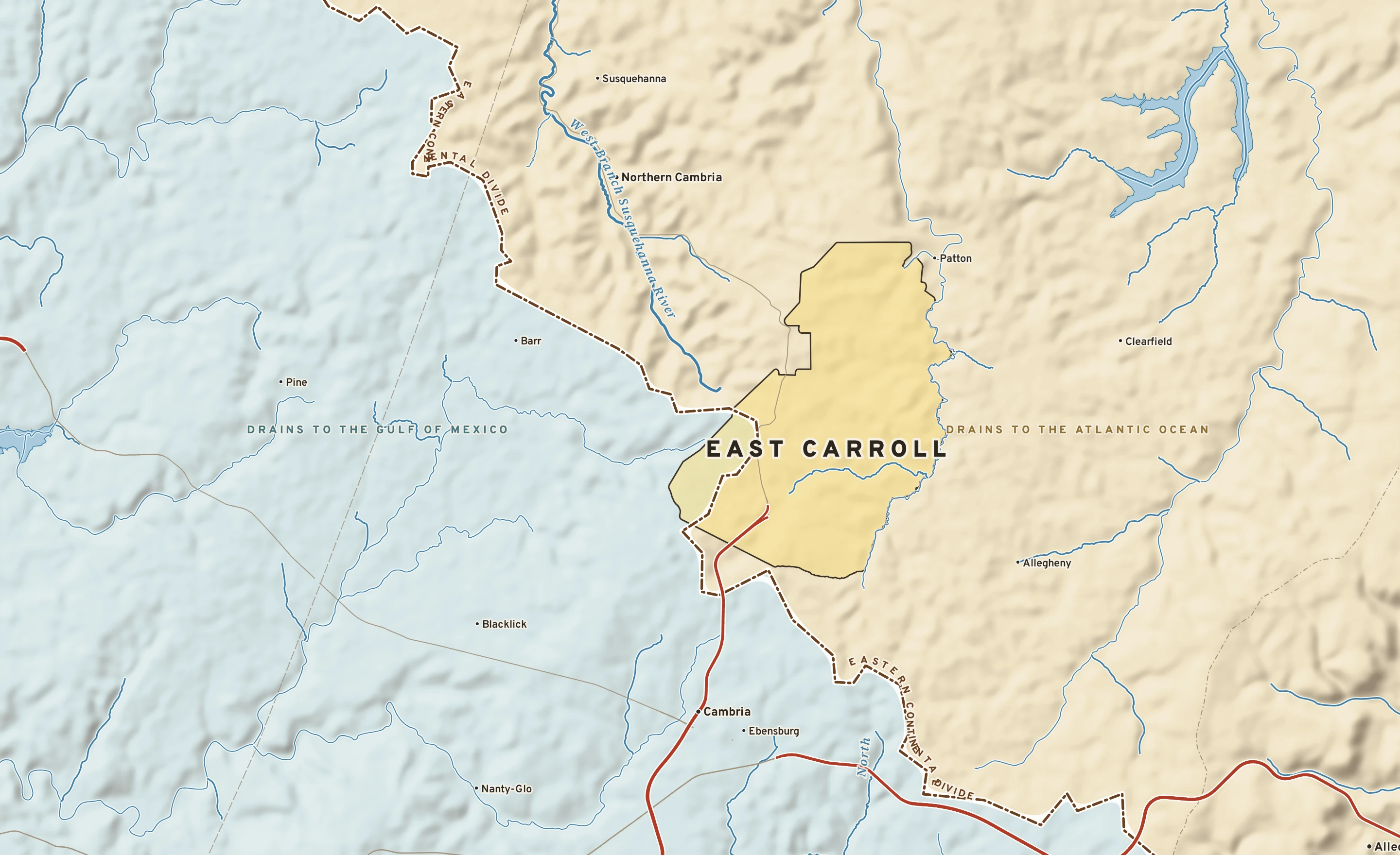 Shaded-relief atlas plate of East Carroll, Pennsylvania: rivers, roads, the city limits and where the water drains.
