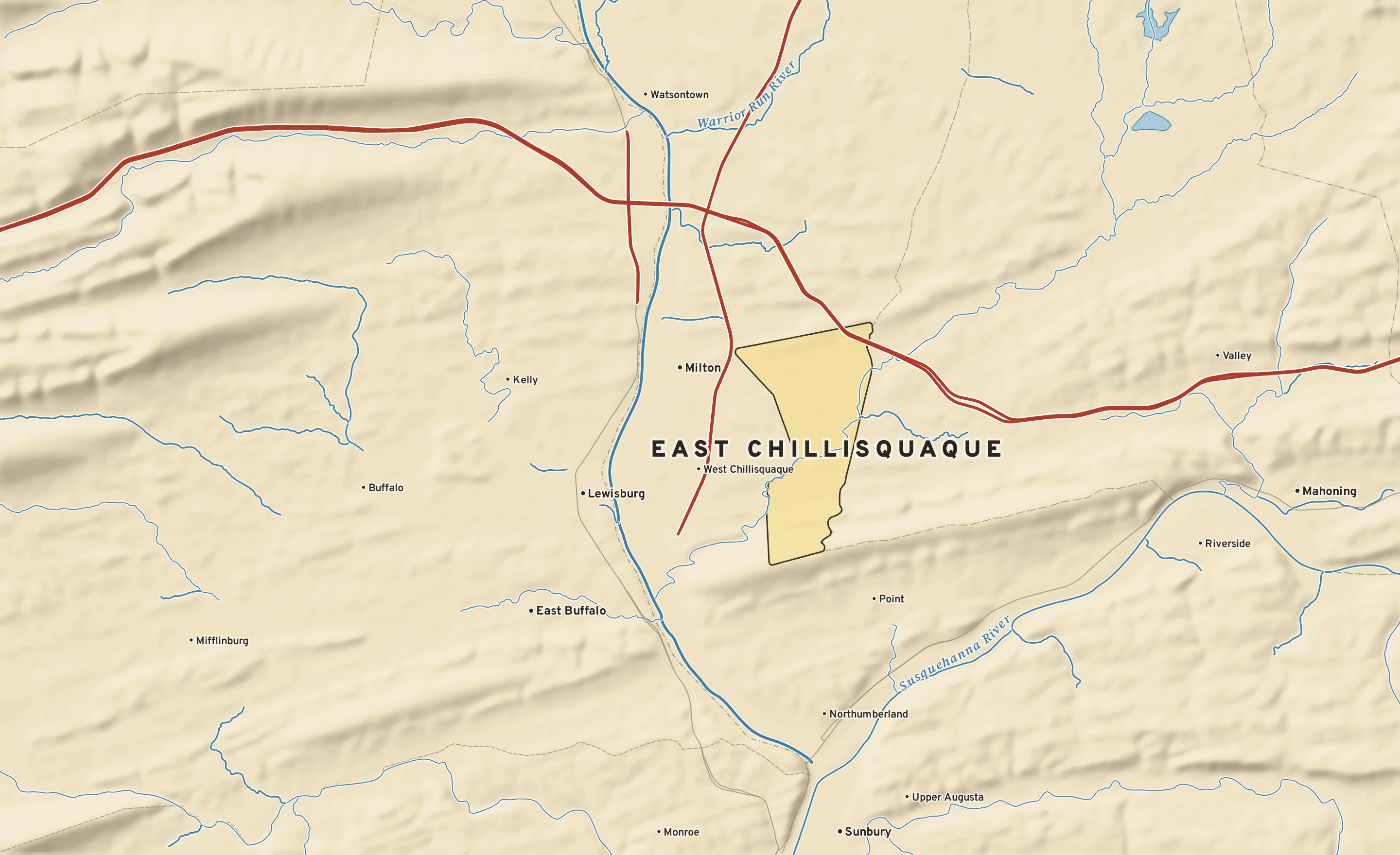 Shaded-relief atlas plate of East Chillisquaque, Pennsylvania: rivers, roads, the city limits and where the water drains.