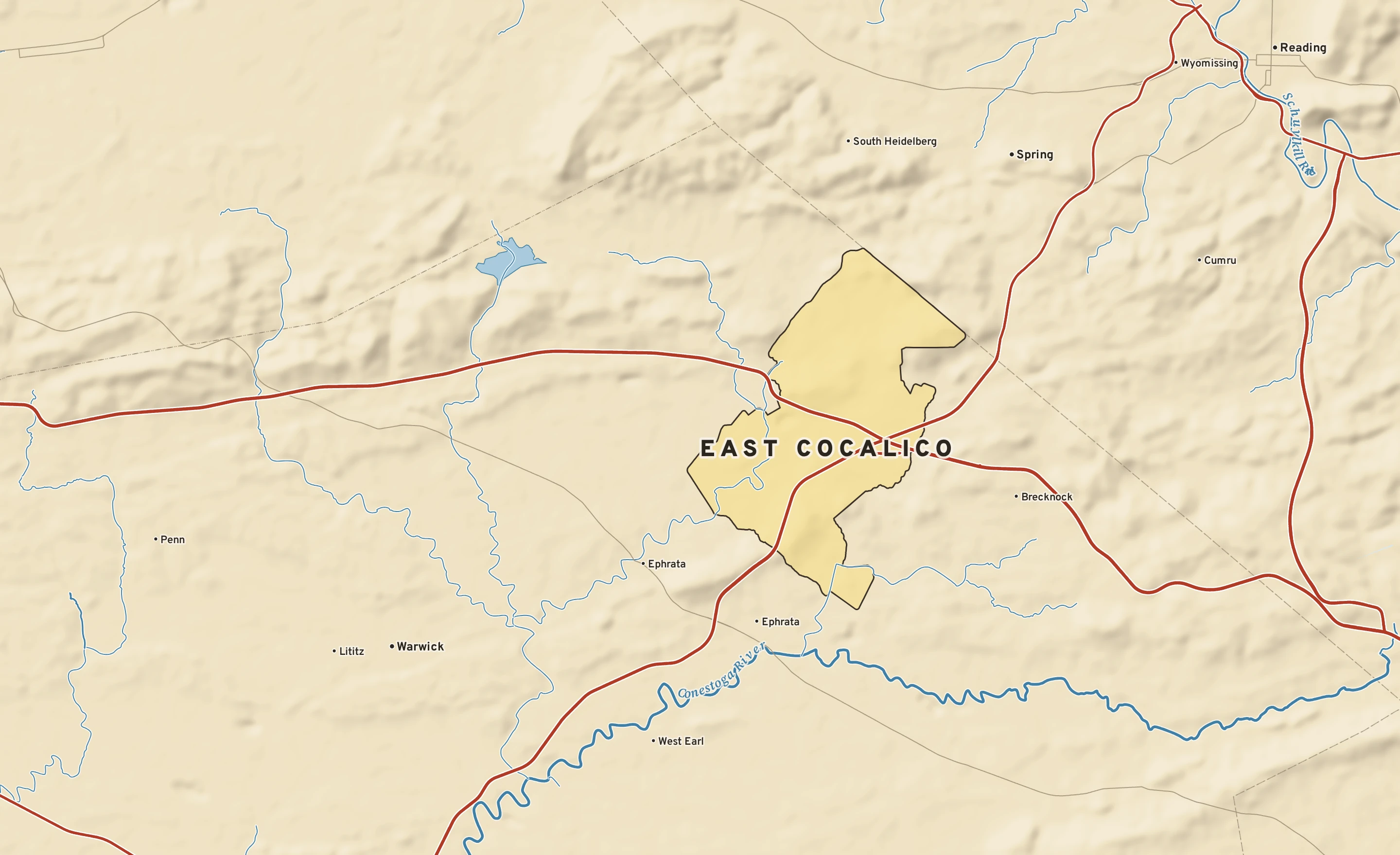 Shaded-relief atlas plate of East Cocalico, Pennsylvania: rivers, roads, the city limits and where the water drains.