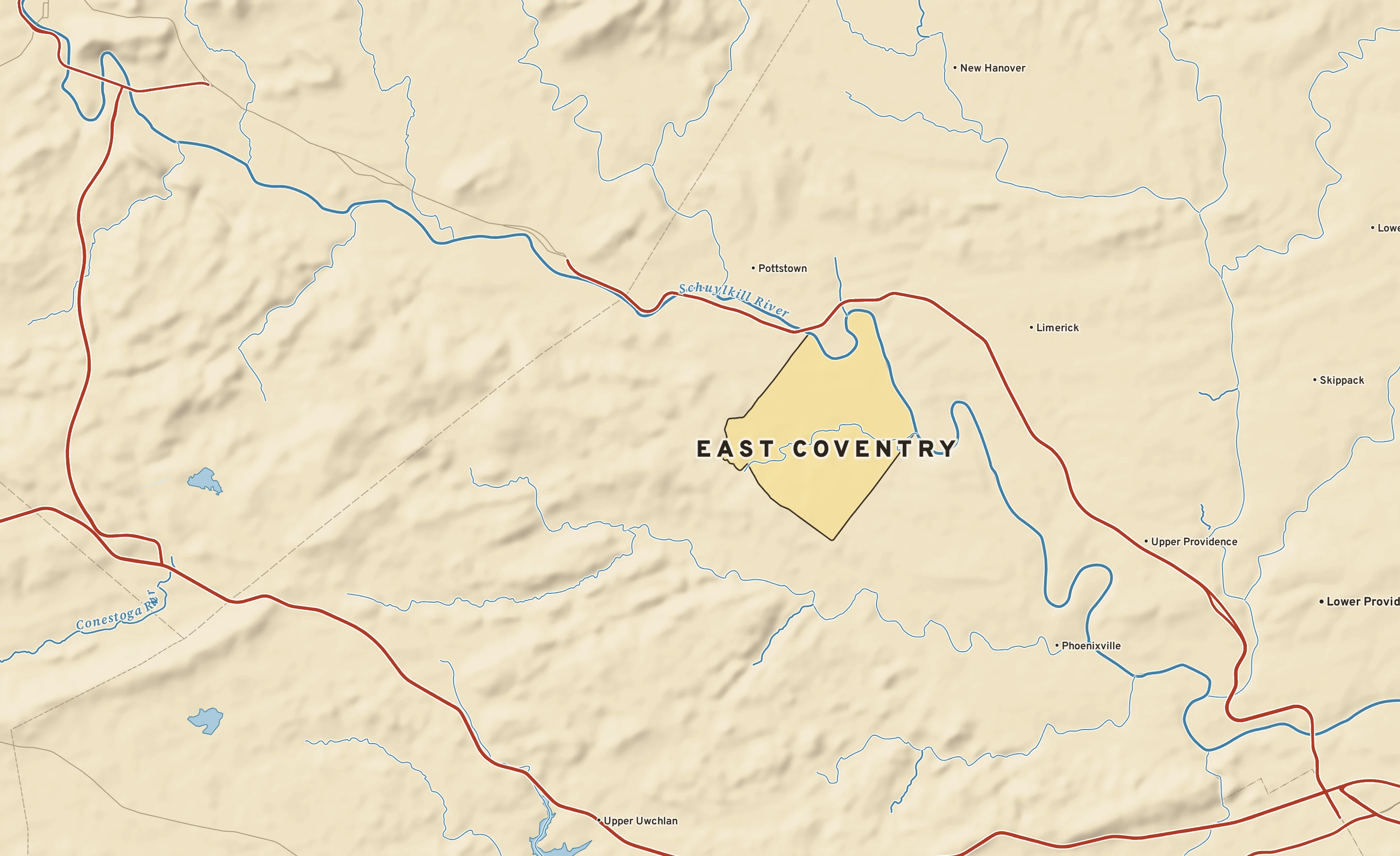 Shaded-relief atlas plate of East Coventry, Pennsylvania: rivers, roads, the city limits and where the water drains.