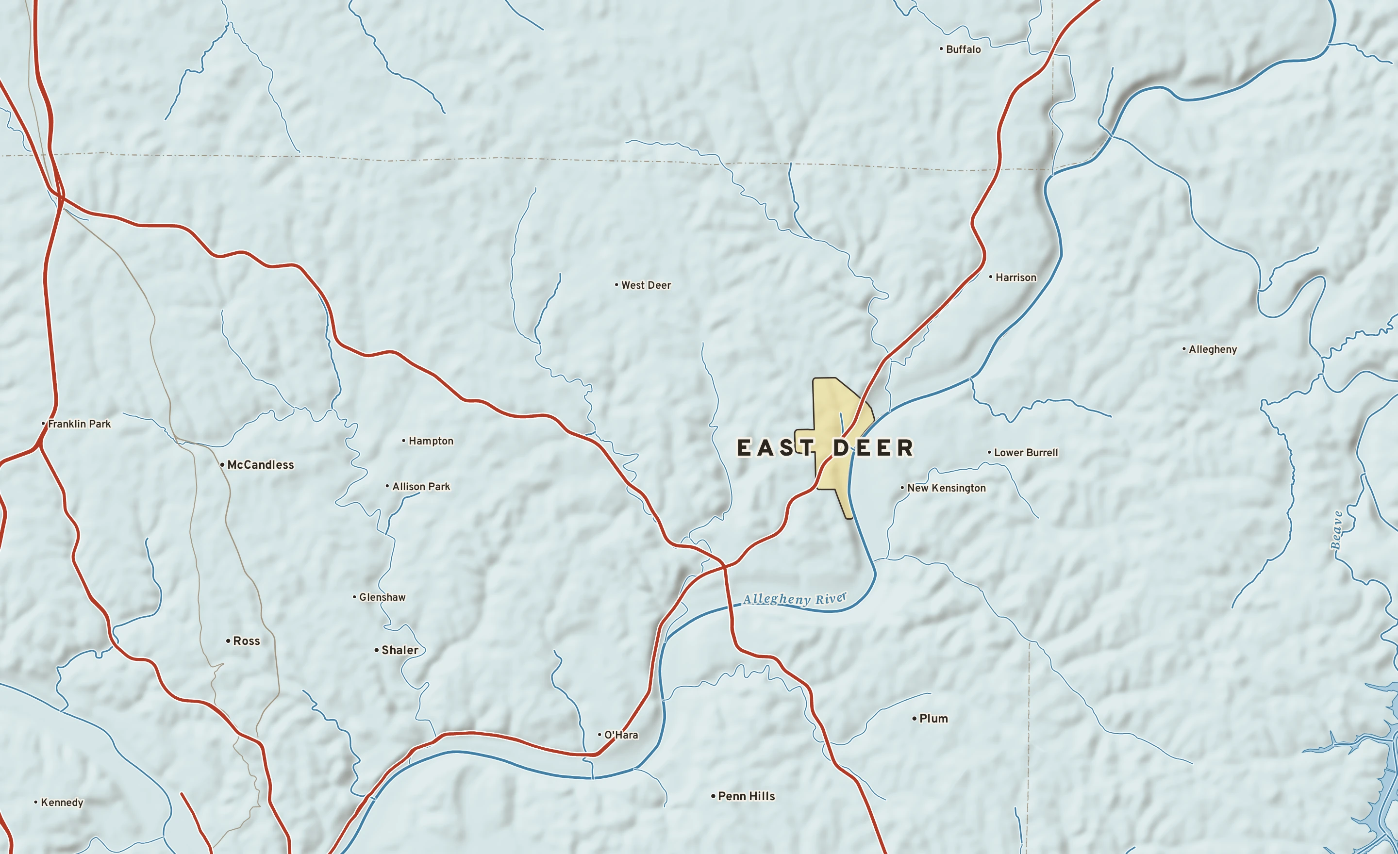 Shaded-relief atlas plate of East Deer, Pennsylvania: rivers, roads, the city limits and where the water drains.