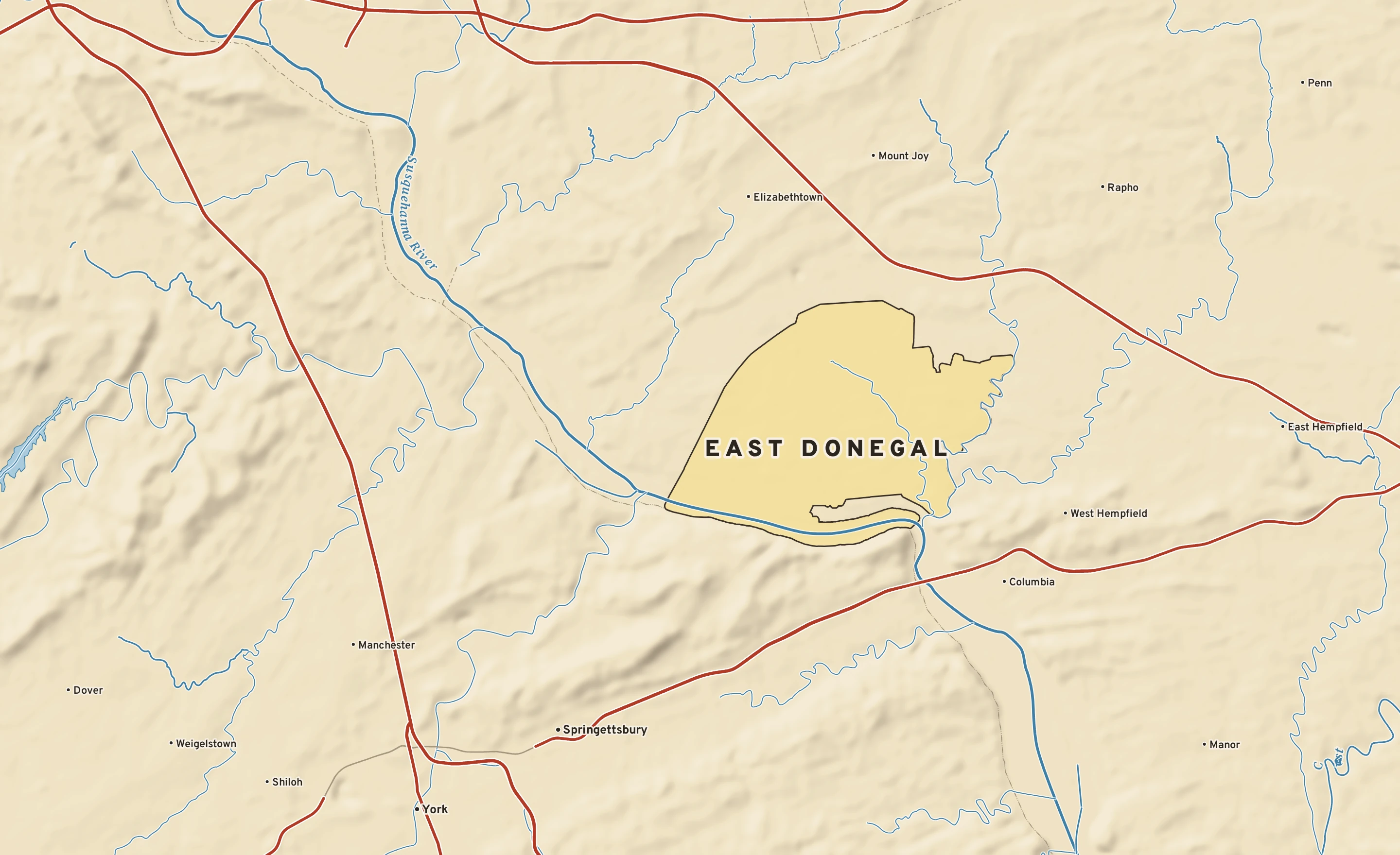 Shaded-relief atlas plate of East Donegal, Pennsylvania: rivers, roads, the city limits and where the water drains.