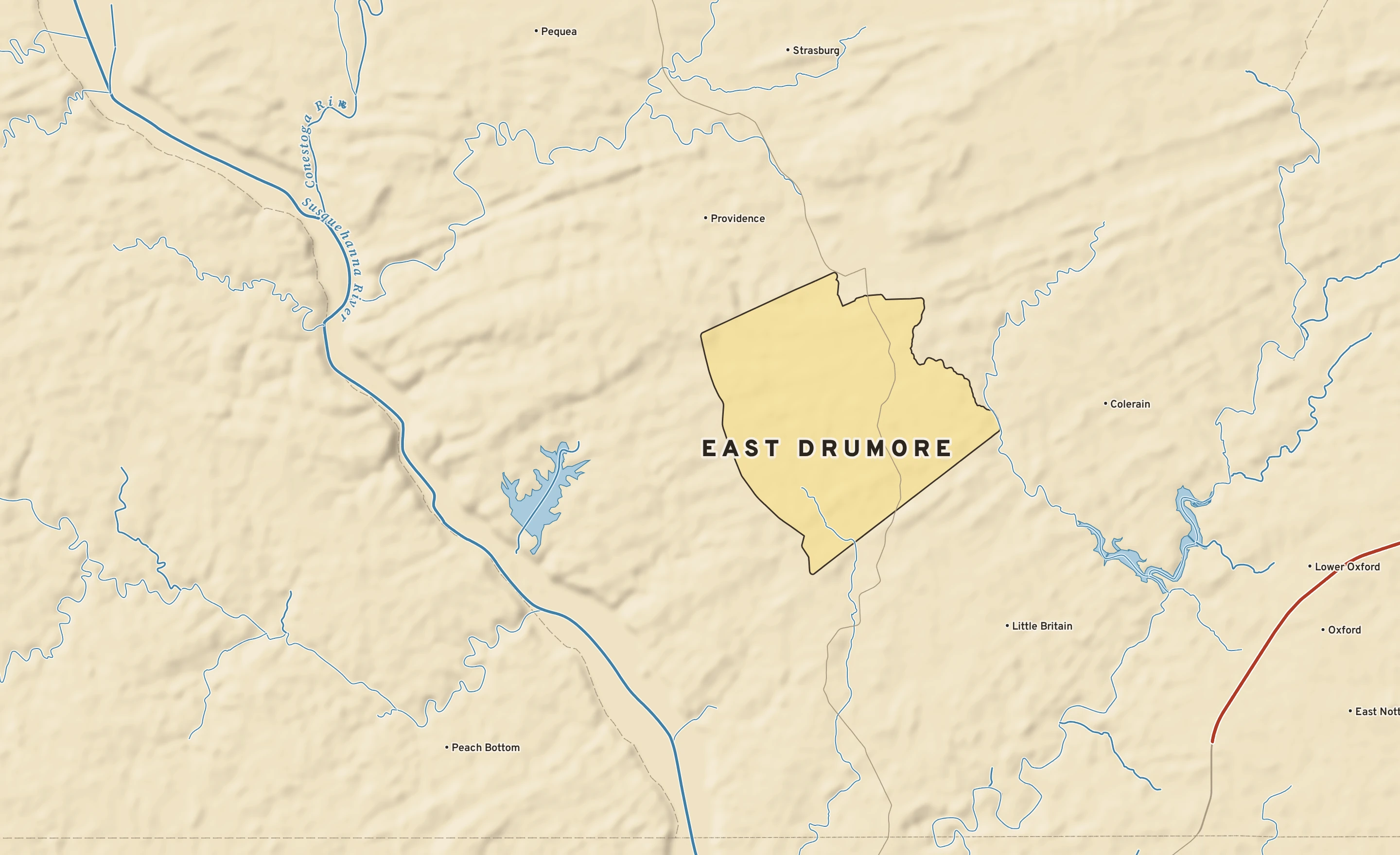 Shaded-relief atlas plate of East Drumore, Pennsylvania: rivers, roads, the city limits and where the water drains.