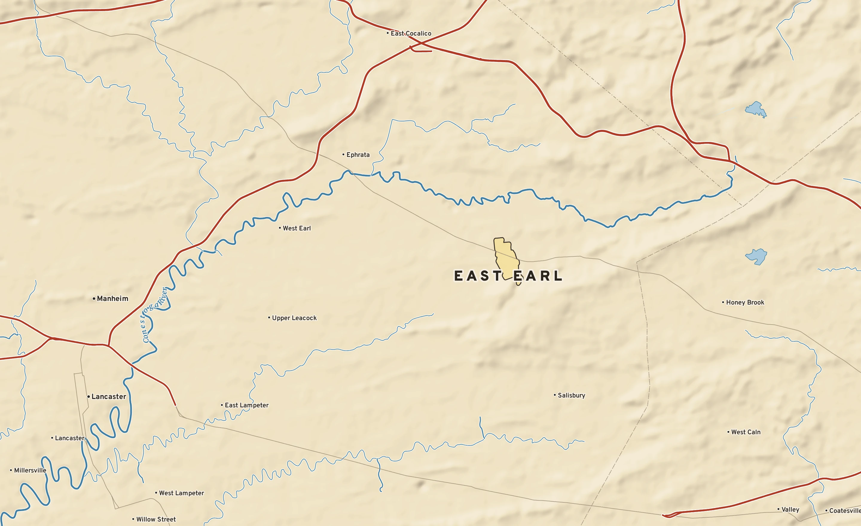 Shaded-relief atlas plate of East Earl, Pennsylvania: rivers, roads, the city limits and where the water drains.