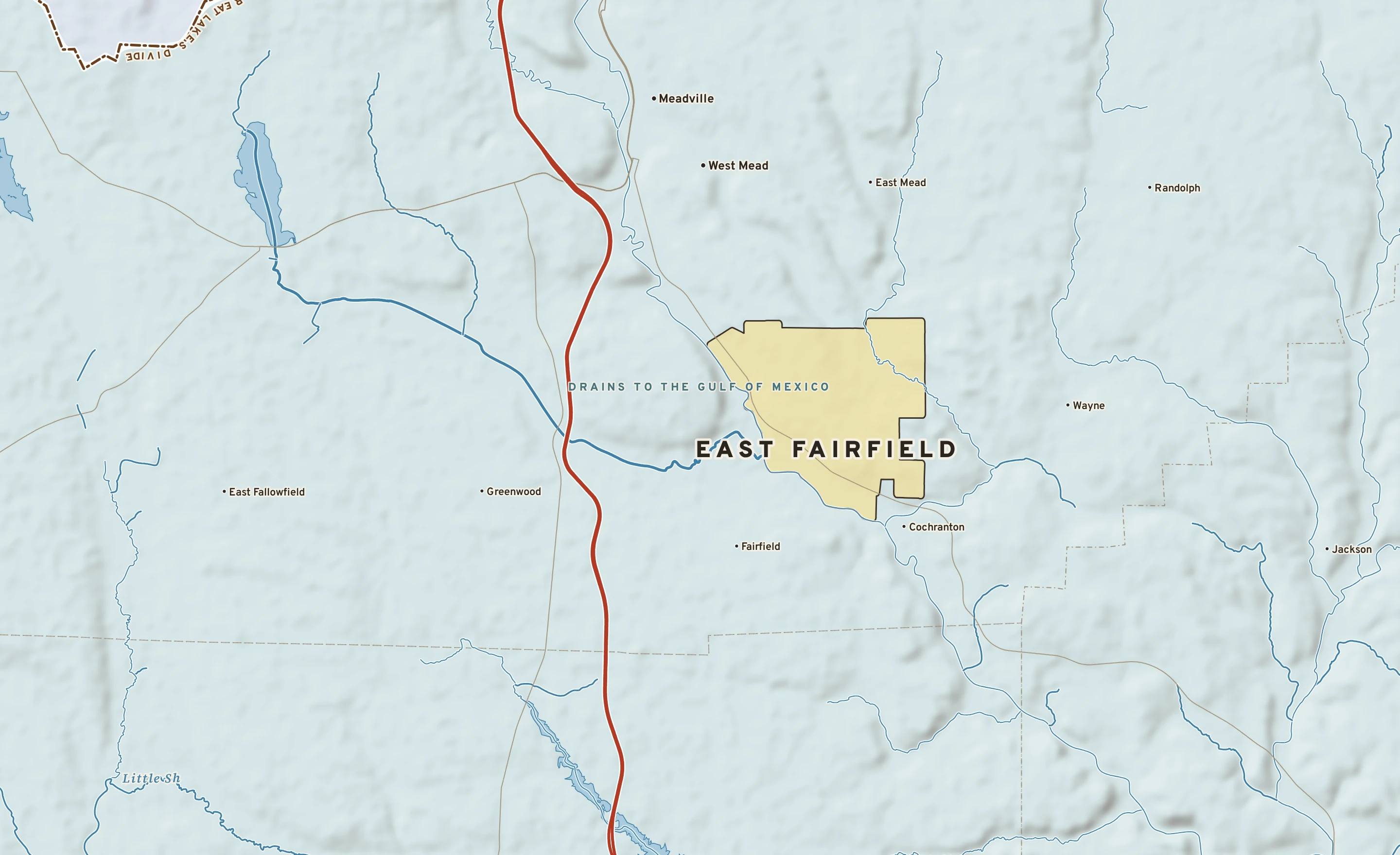 Shaded-relief atlas plate of East Fairfield, Pennsylvania: rivers, roads, the city limits and where the water drains.
