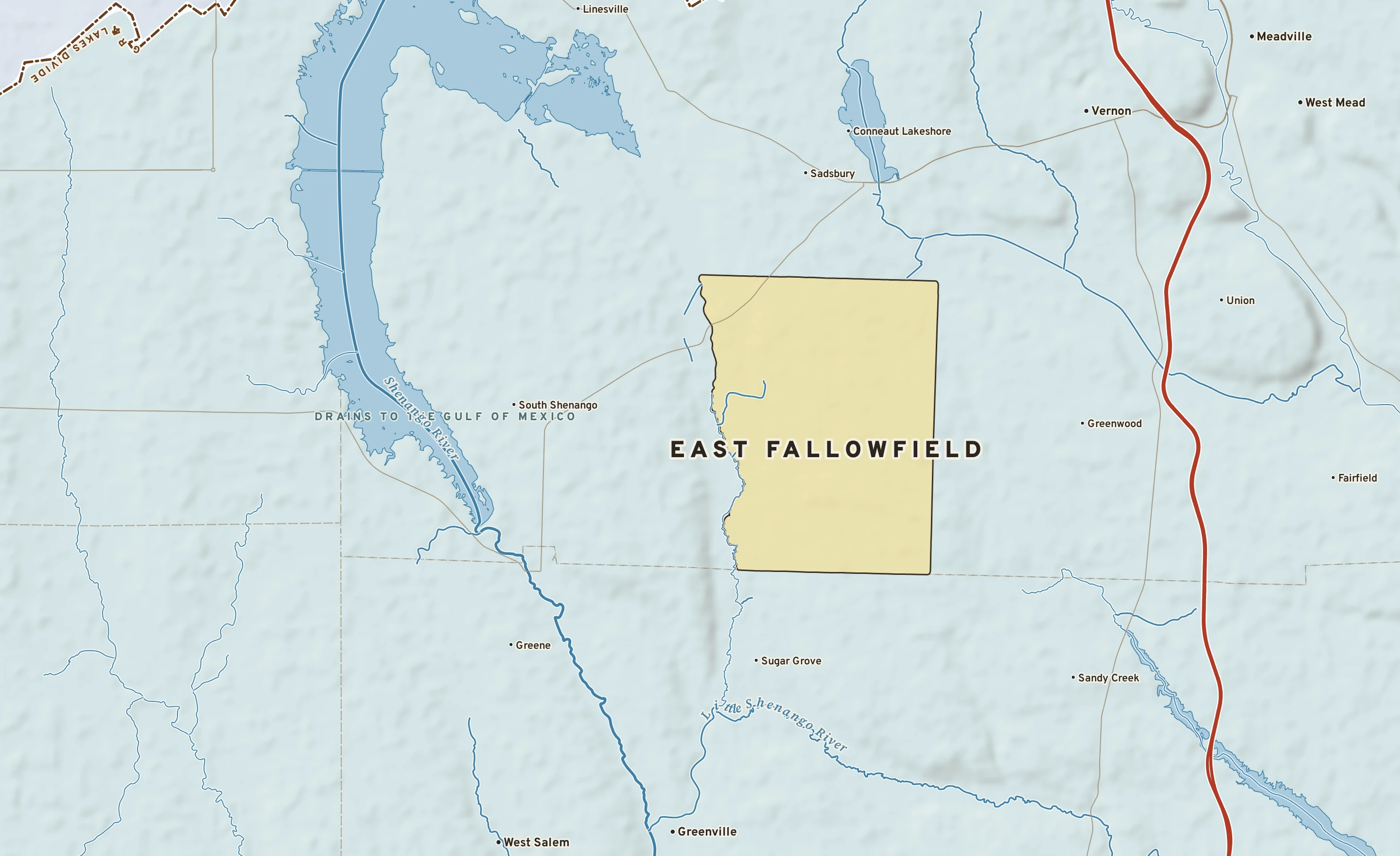 Shaded-relief atlas plate of East Fallowfield, Pennsylvania: rivers, roads, the city limits and where the water drains.