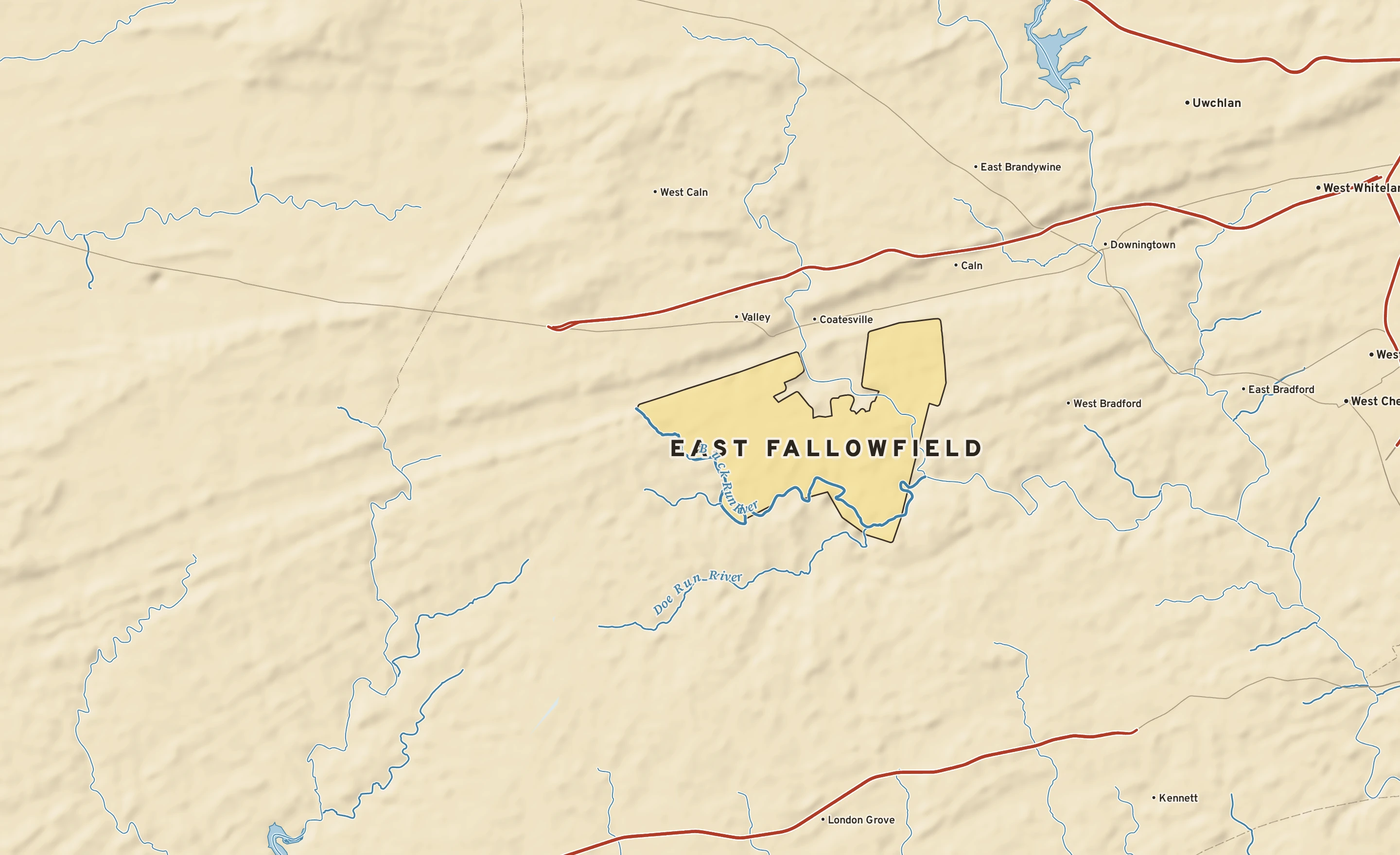 Shaded-relief atlas plate of East Fallowfield, Pennsylvania: rivers, roads, the city limits and where the water drains.