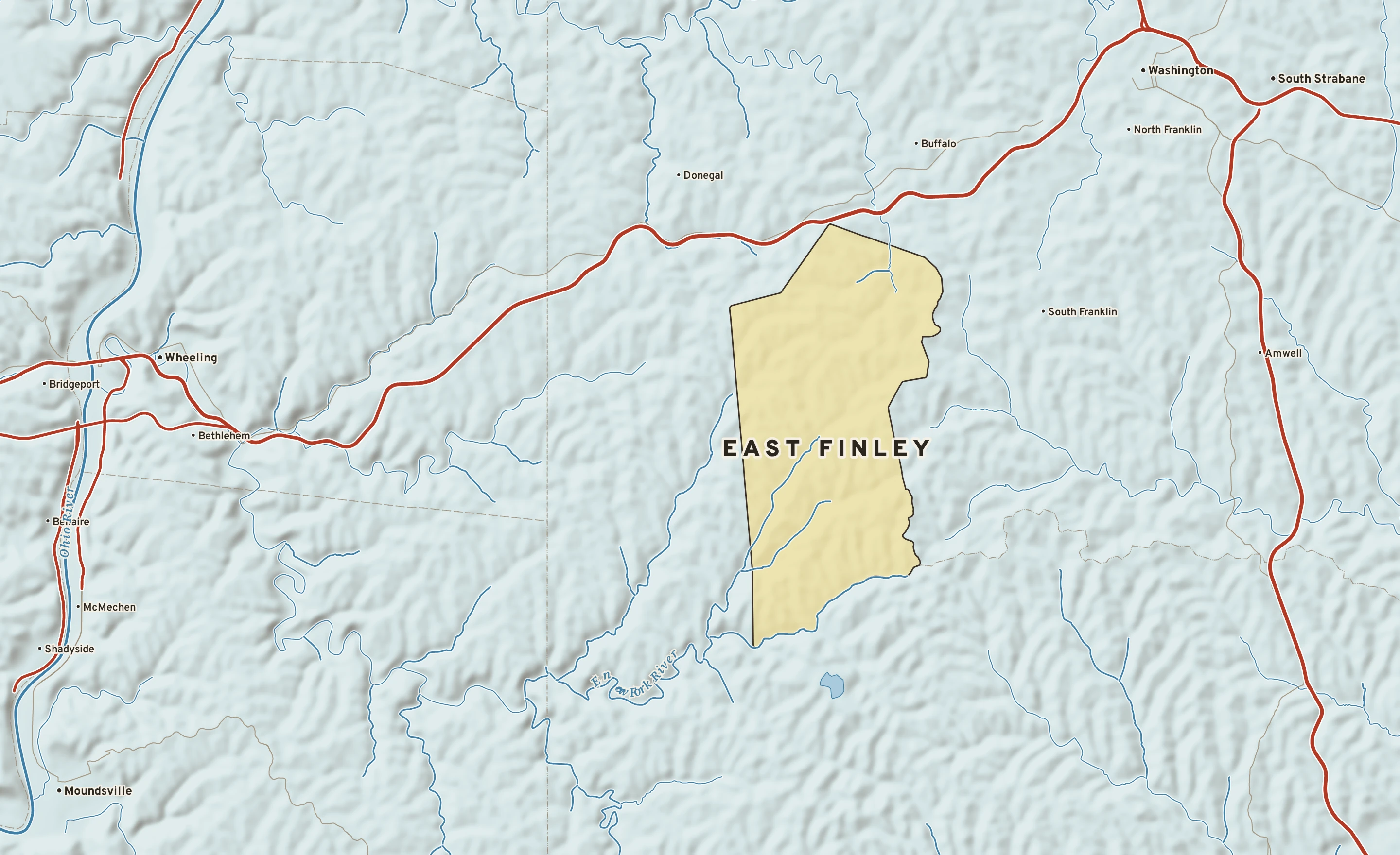 Shaded-relief atlas plate of East Finley, Pennsylvania: rivers, roads, the city limits and where the water drains.