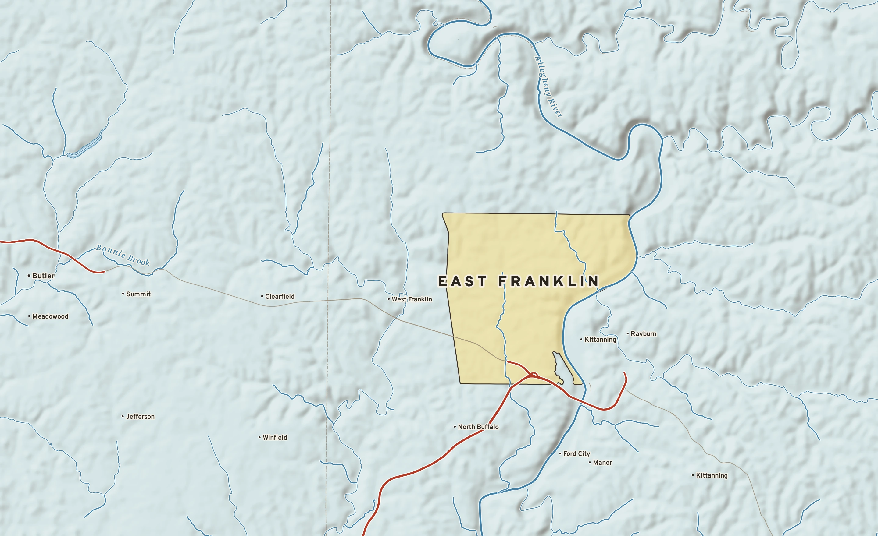 Shaded-relief atlas plate of East Franklin, Pennsylvania: rivers, roads, the city limits and where the water drains.