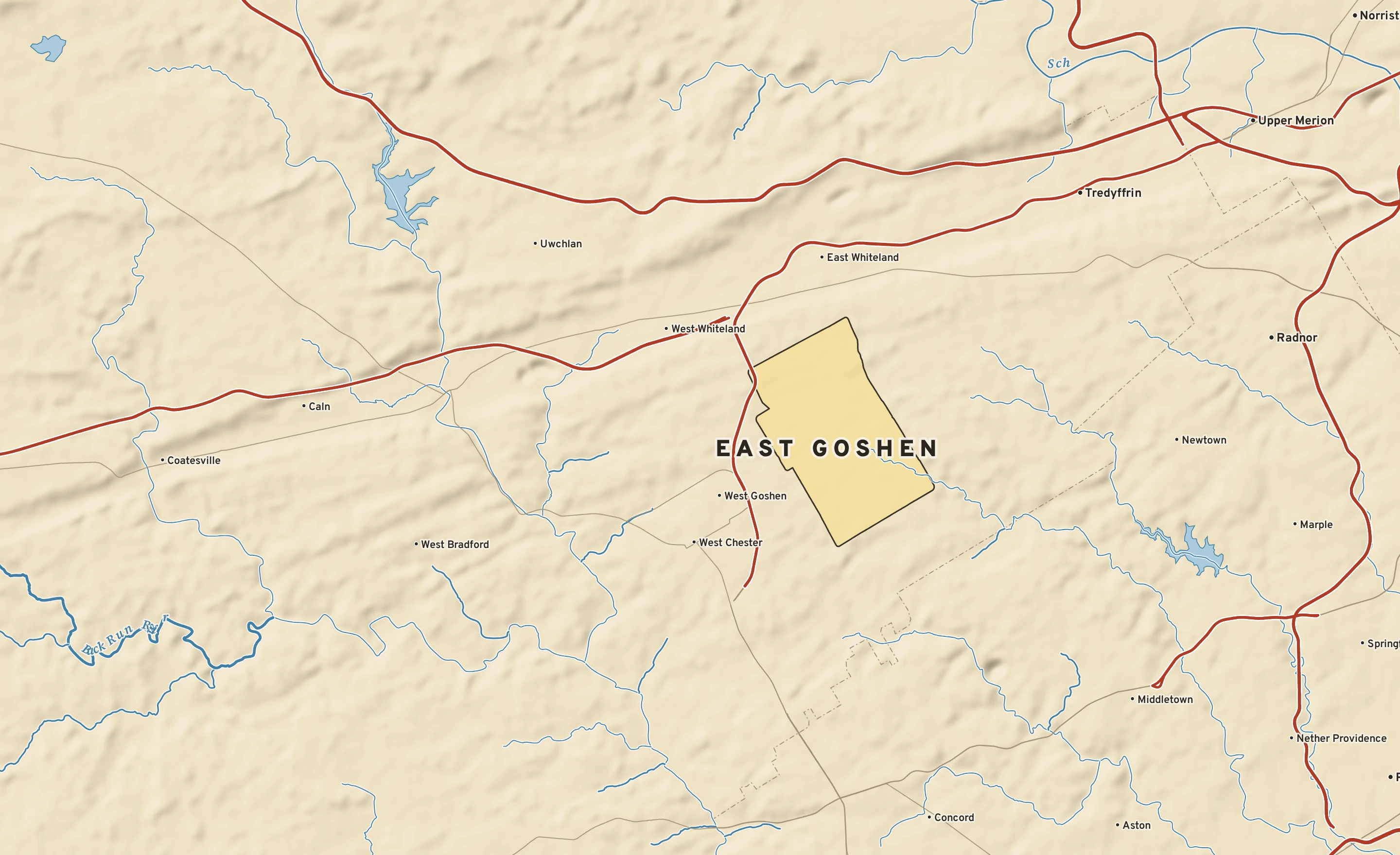 Shaded-relief atlas plate of East Goshen, Pennsylvania: rivers, roads, the city limits and where the water drains.