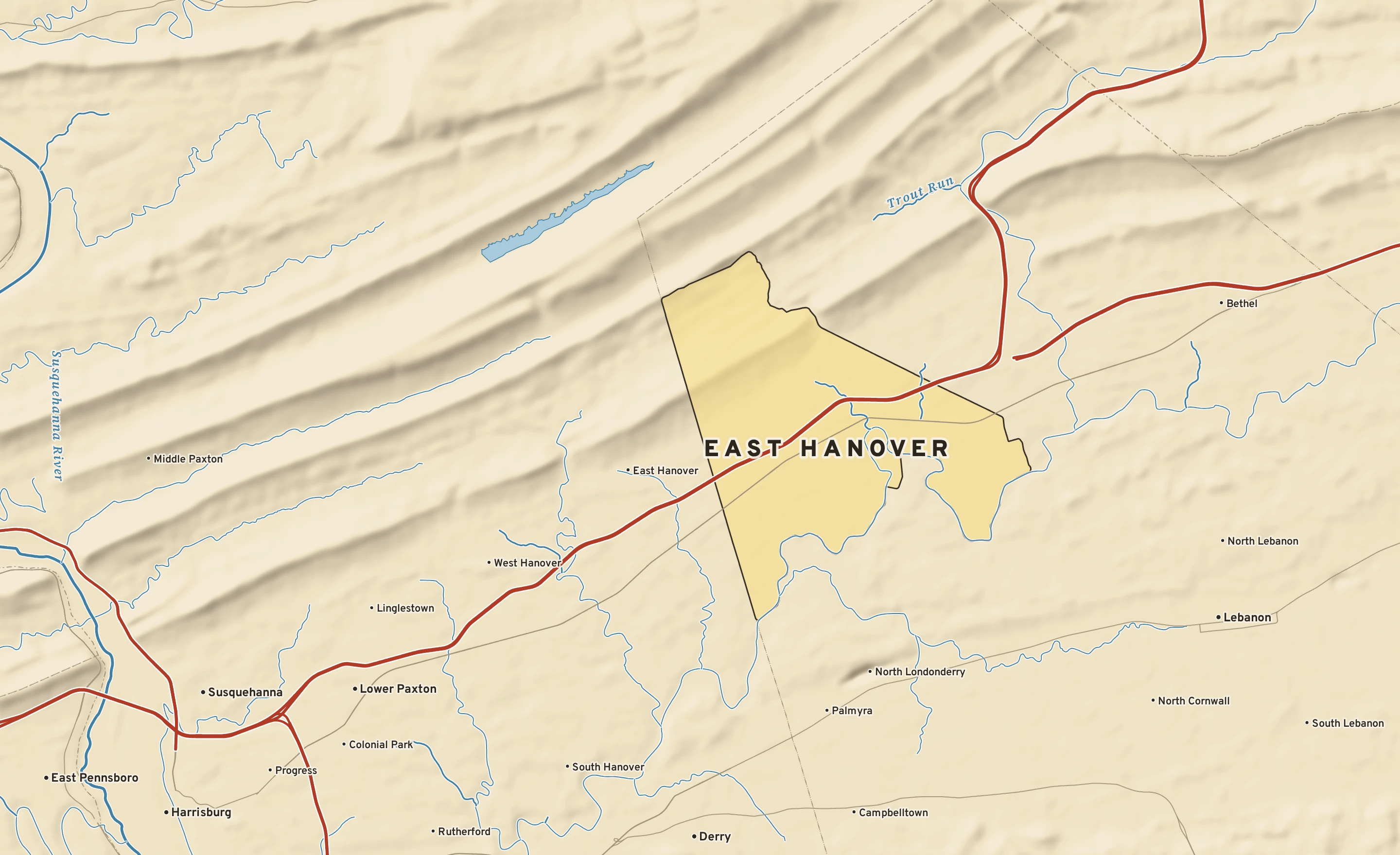 Shaded-relief atlas plate of East Hanover, Pennsylvania: rivers, roads, the city limits and where the water drains.