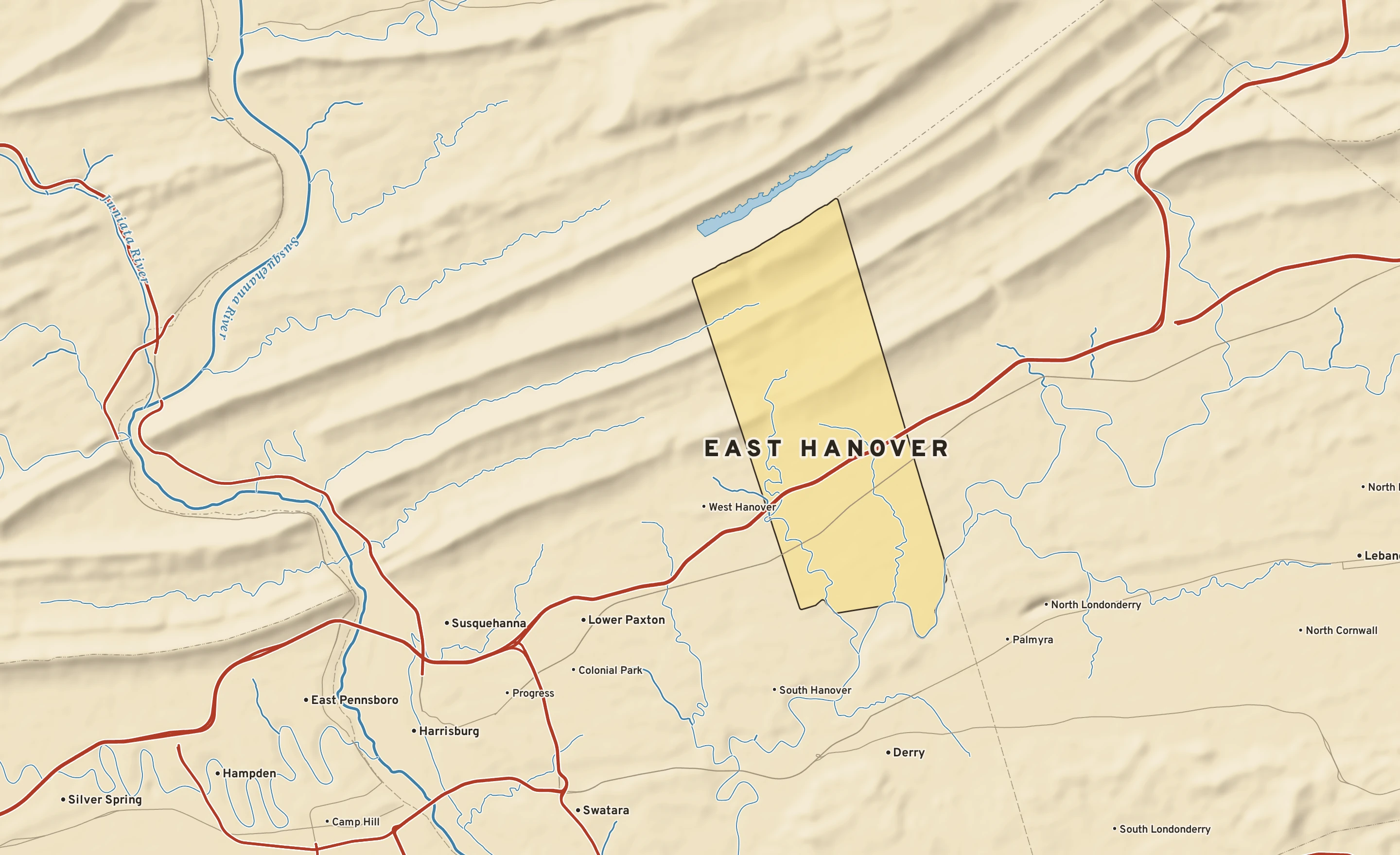 Shaded-relief atlas plate of East Hanover, Pennsylvania: rivers, roads, the city limits and where the water drains.