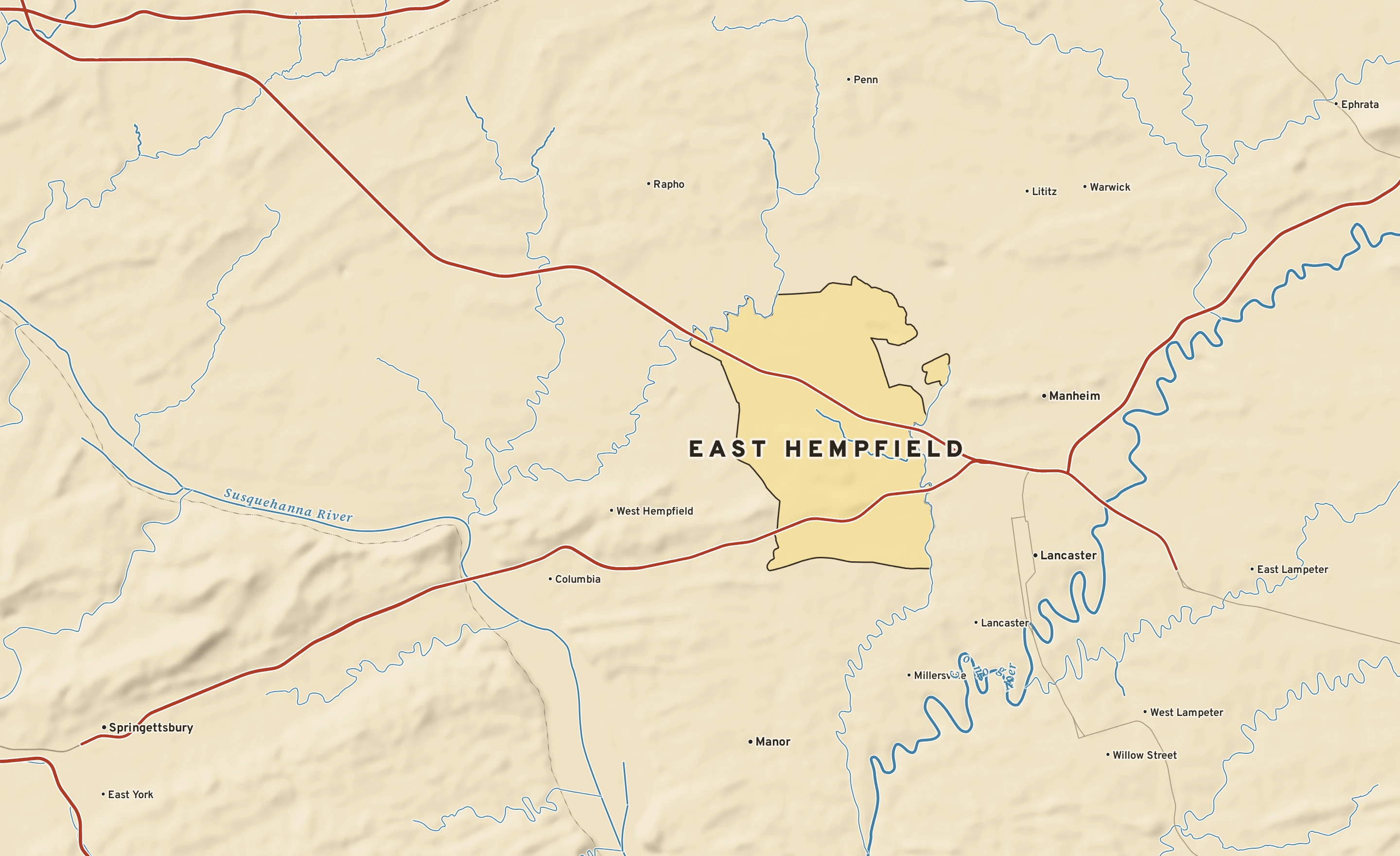 Shaded-relief atlas plate of East Hempfield, Pennsylvania: rivers, roads, the city limits and where the water drains.