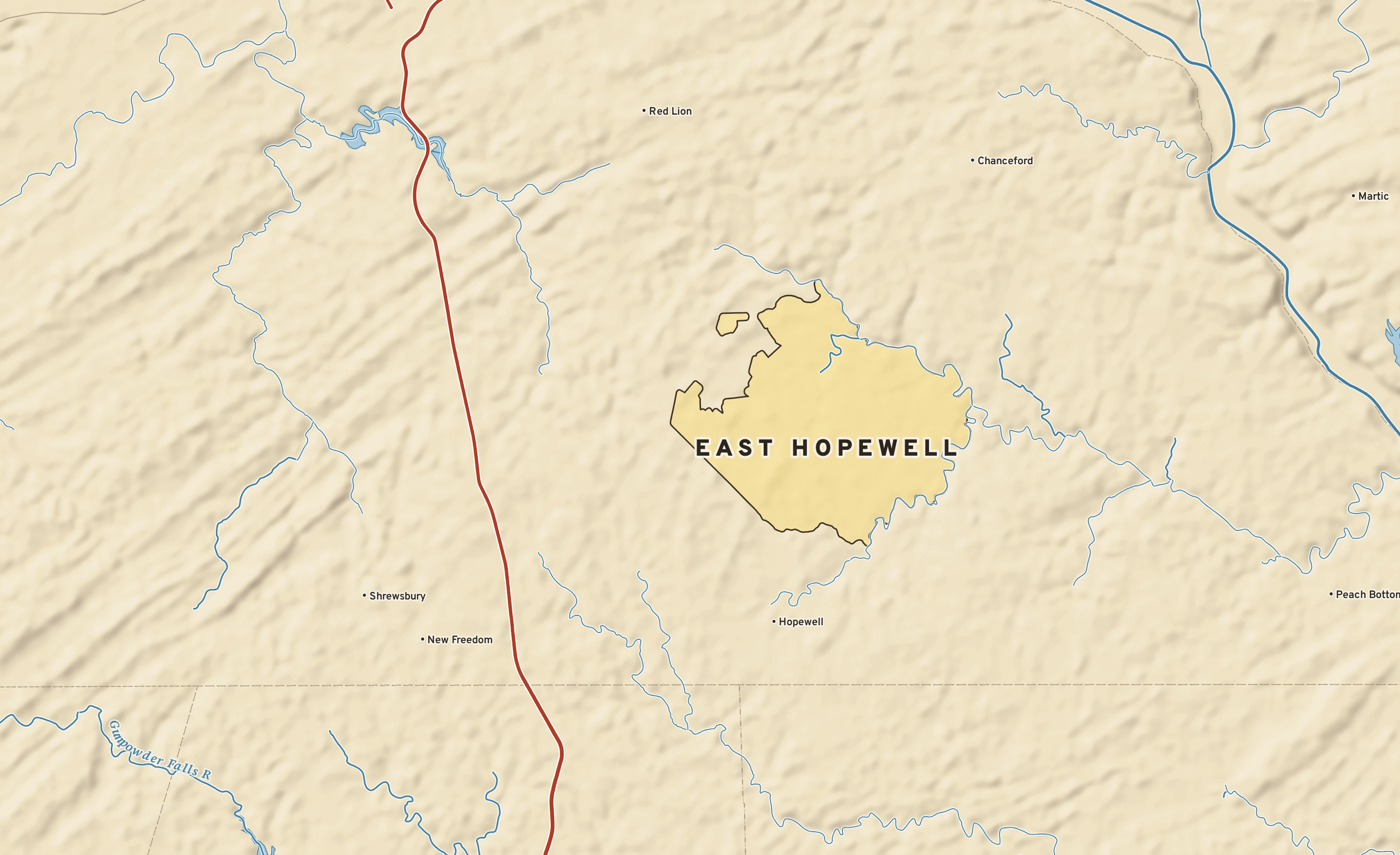 Shaded-relief atlas plate of East Hopewell, Pennsylvania: rivers, roads, the city limits and where the water drains.