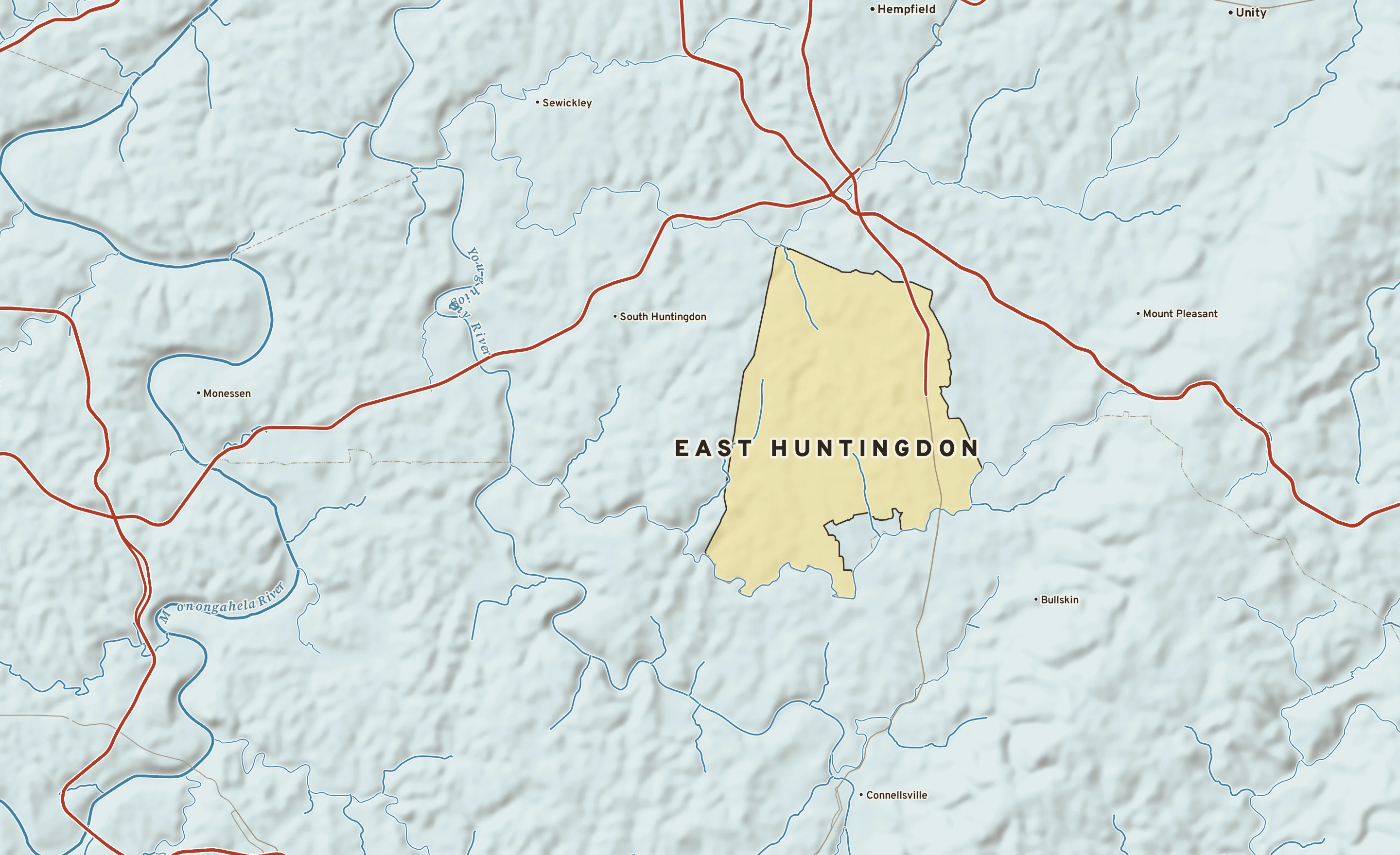 Shaded-relief atlas plate of East Huntingdon, Pennsylvania: rivers, roads, the city limits and where the water drains.
