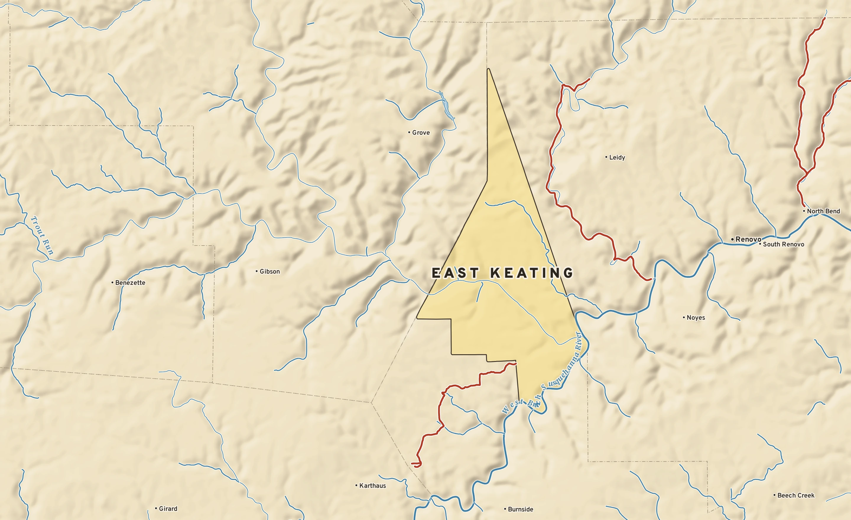 Shaded-relief atlas plate of East Keating, Pennsylvania: rivers, roads, the city limits and where the water drains.
