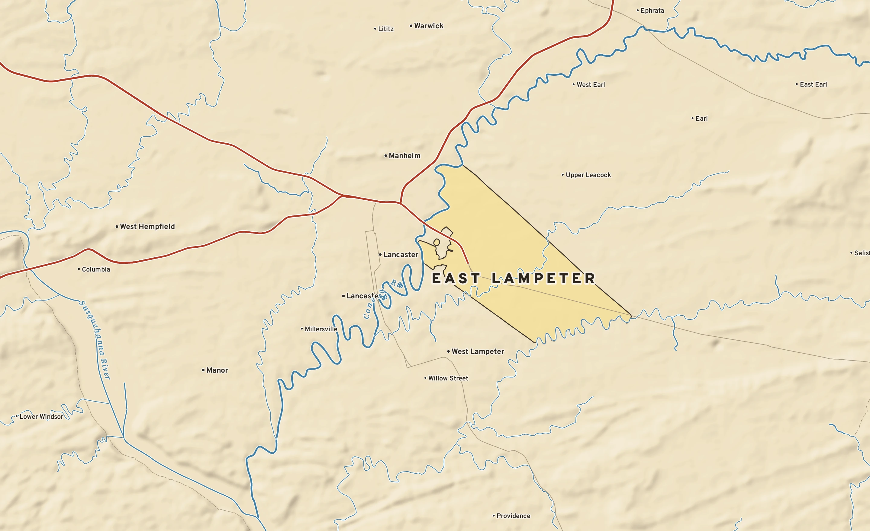 Shaded-relief atlas plate of East Lampeter, Pennsylvania: rivers, roads, the city limits and where the water drains.