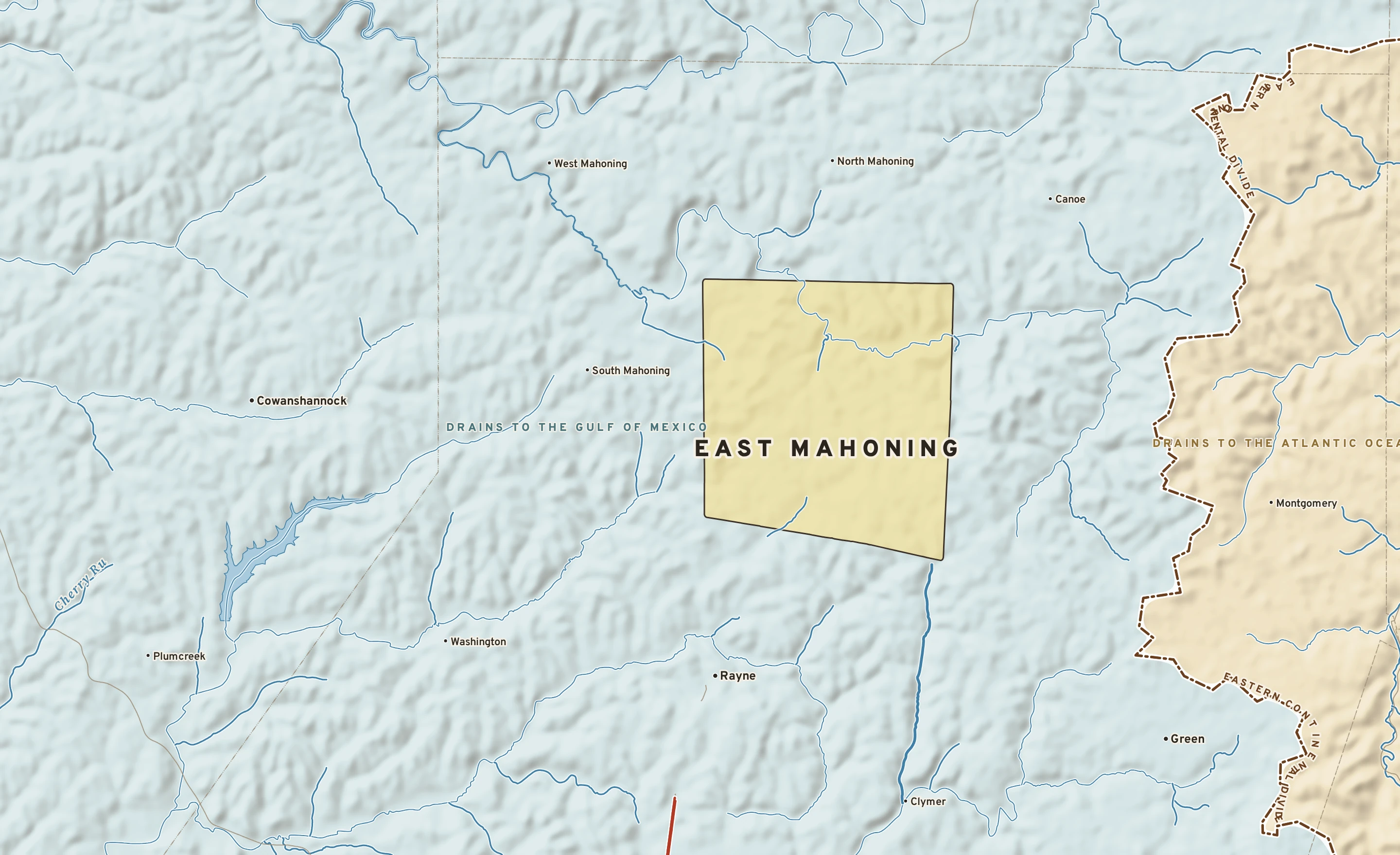 Shaded-relief atlas plate of East Mahoning, Pennsylvania: rivers, roads, the city limits and where the water drains.