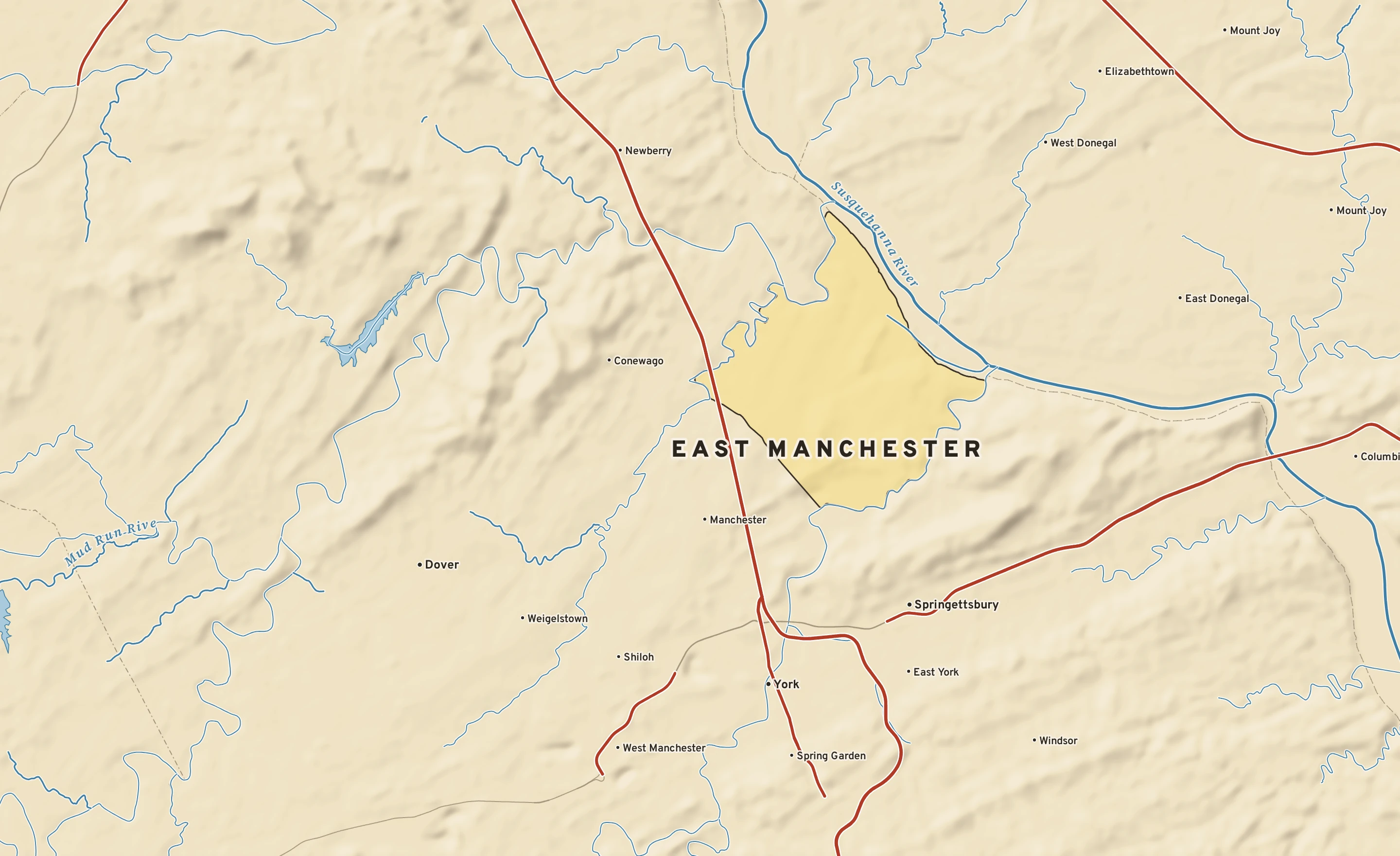 Shaded-relief atlas plate of East Manchester, Pennsylvania: rivers, roads, the city limits and where the water drains.