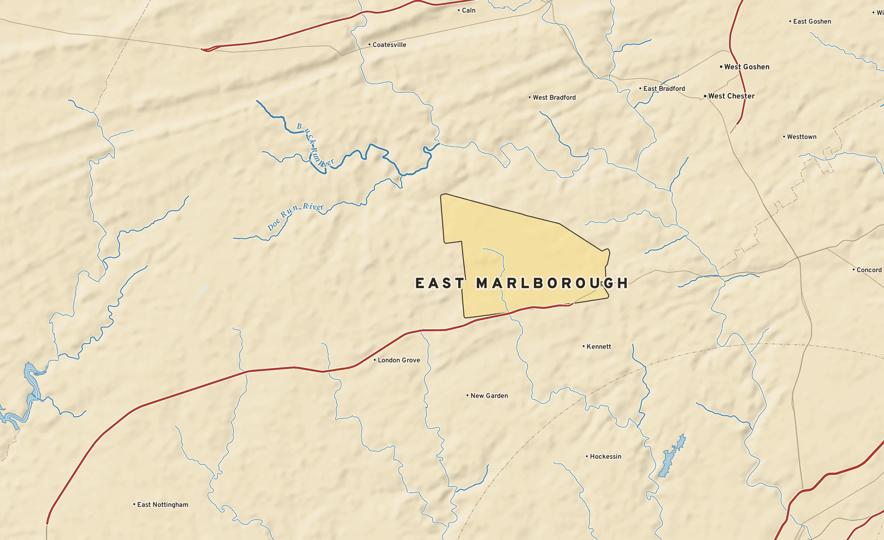 Shaded-relief atlas plate of East Marlborough, Pennsylvania: rivers, roads, the city limits and where the water drains.