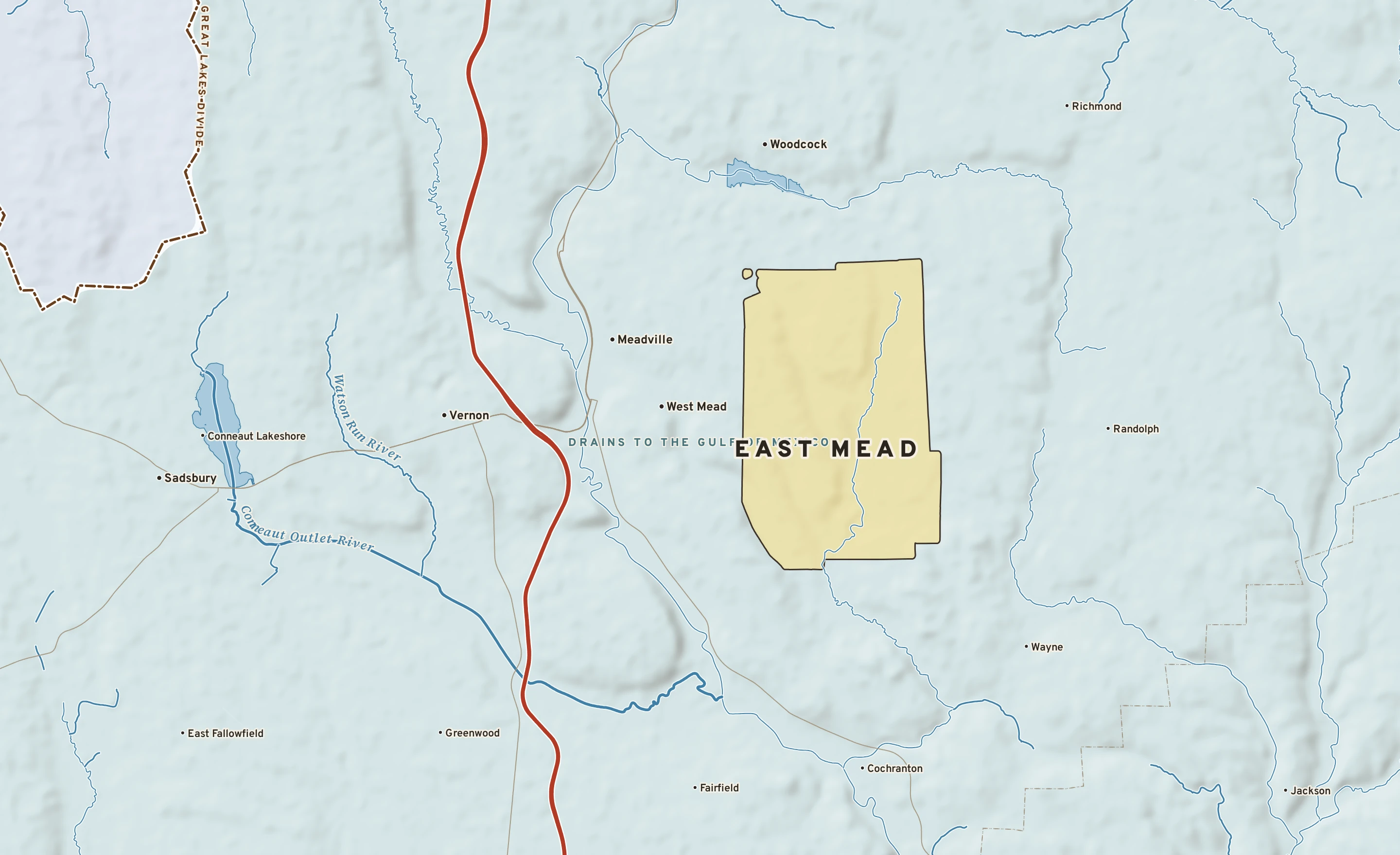 Shaded-relief atlas plate of East Mead, Pennsylvania: rivers, roads, the city limits and where the water drains.