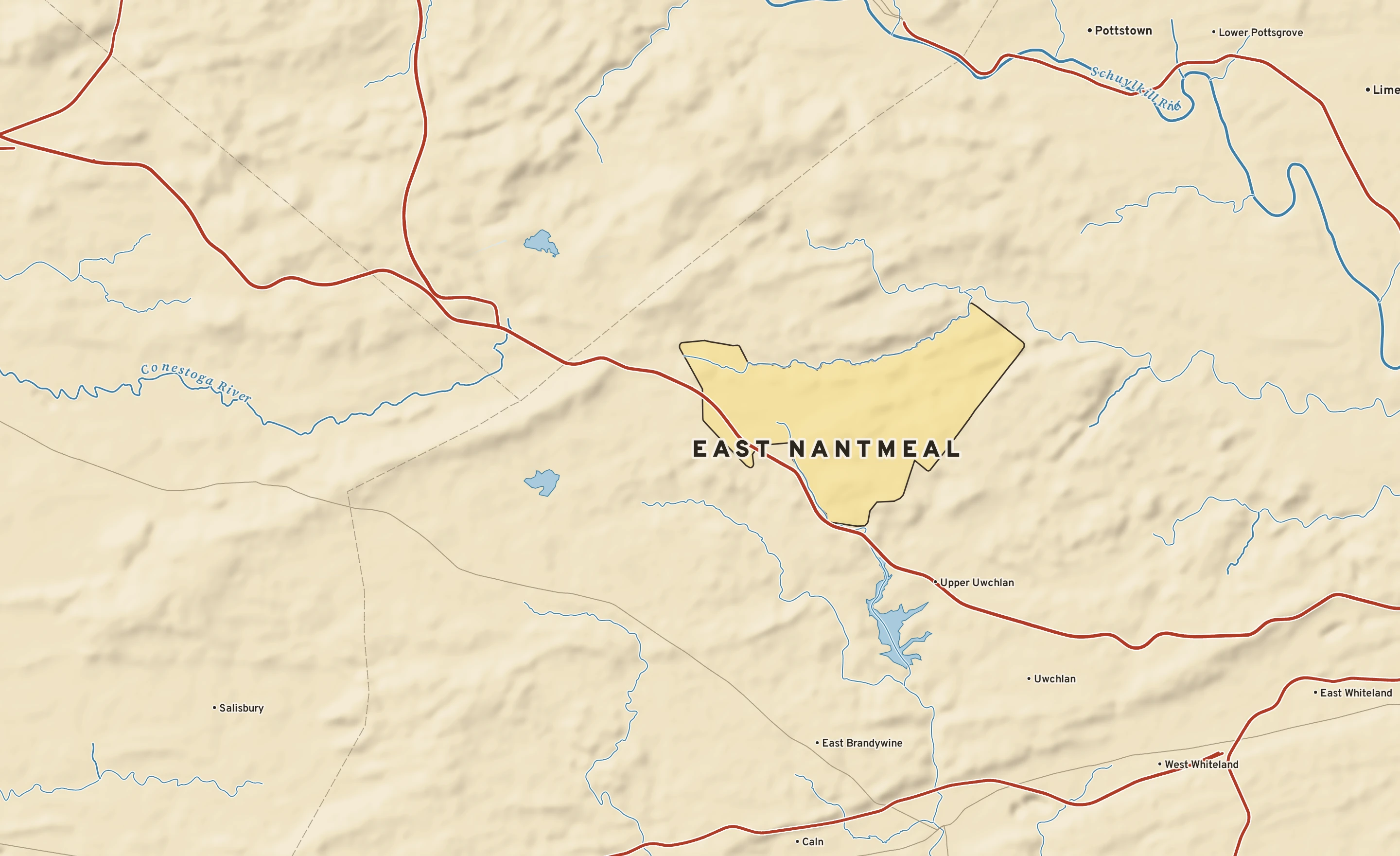Shaded-relief atlas plate of East Nantmeal, Pennsylvania: rivers, roads, the city limits and where the water drains.