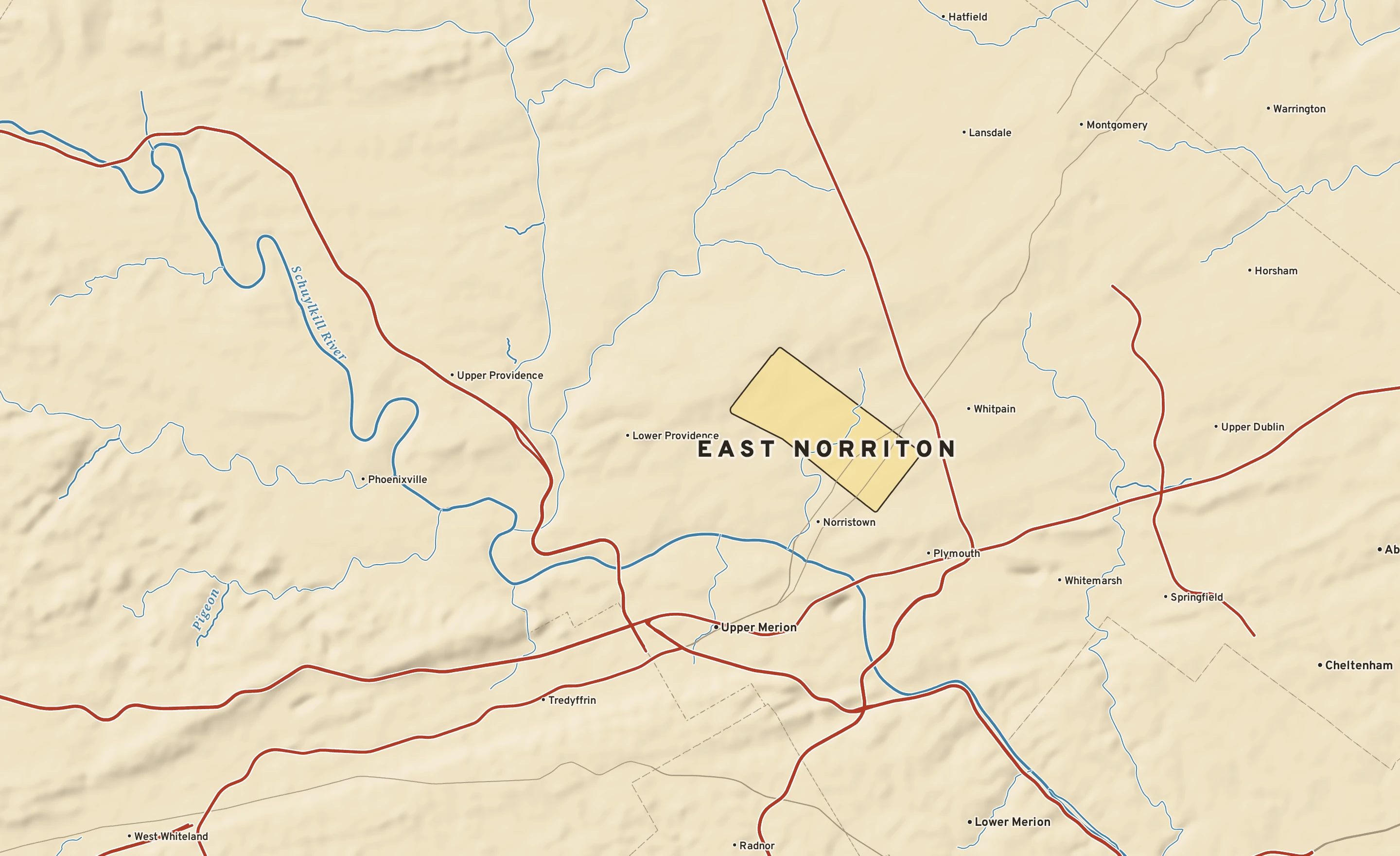 Shaded-relief atlas plate of East Norriton, Pennsylvania: rivers, roads, the city limits and where the water drains.