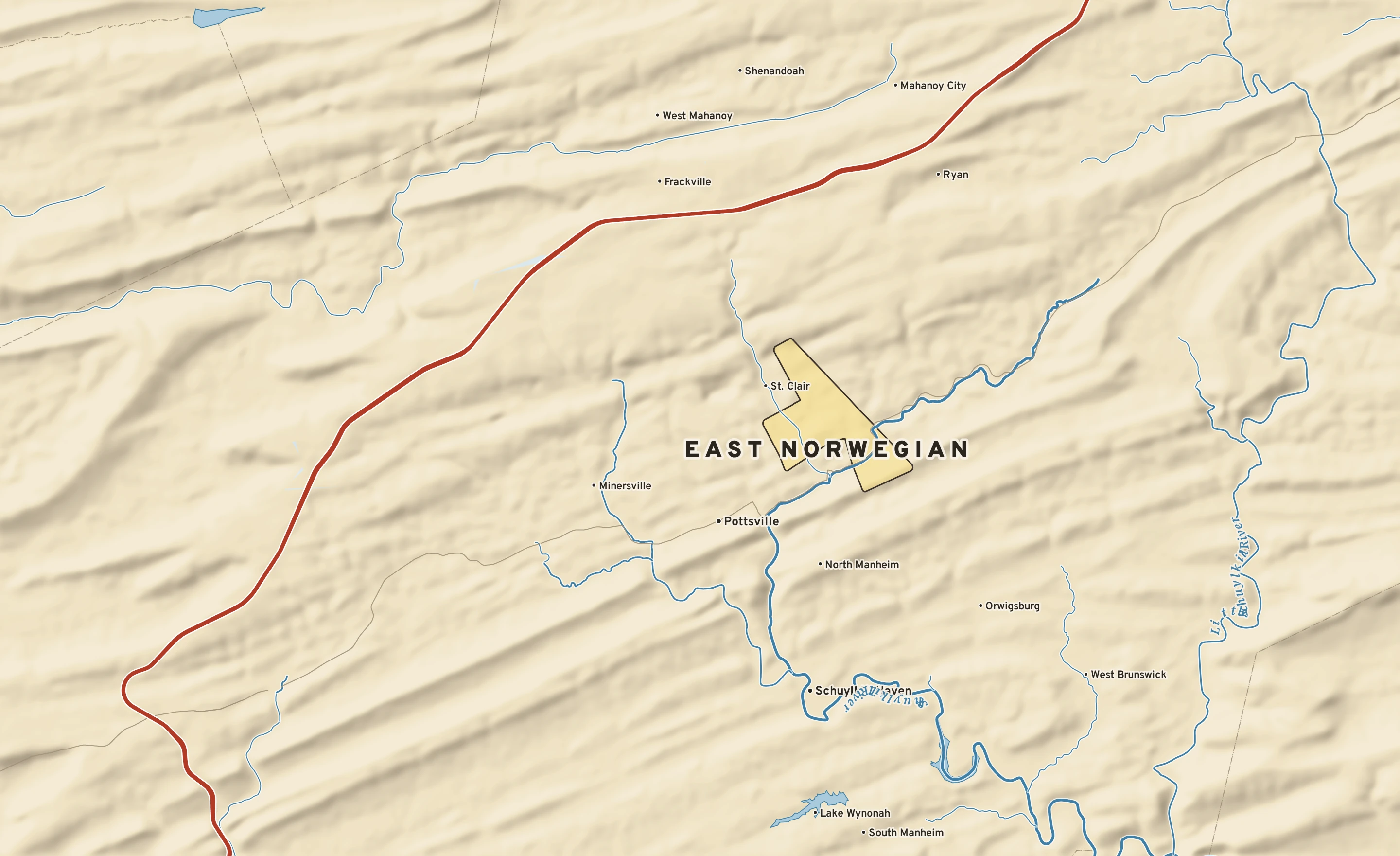 Shaded-relief atlas plate of East Norwegian, Pennsylvania: rivers, roads, the city limits and where the water drains.