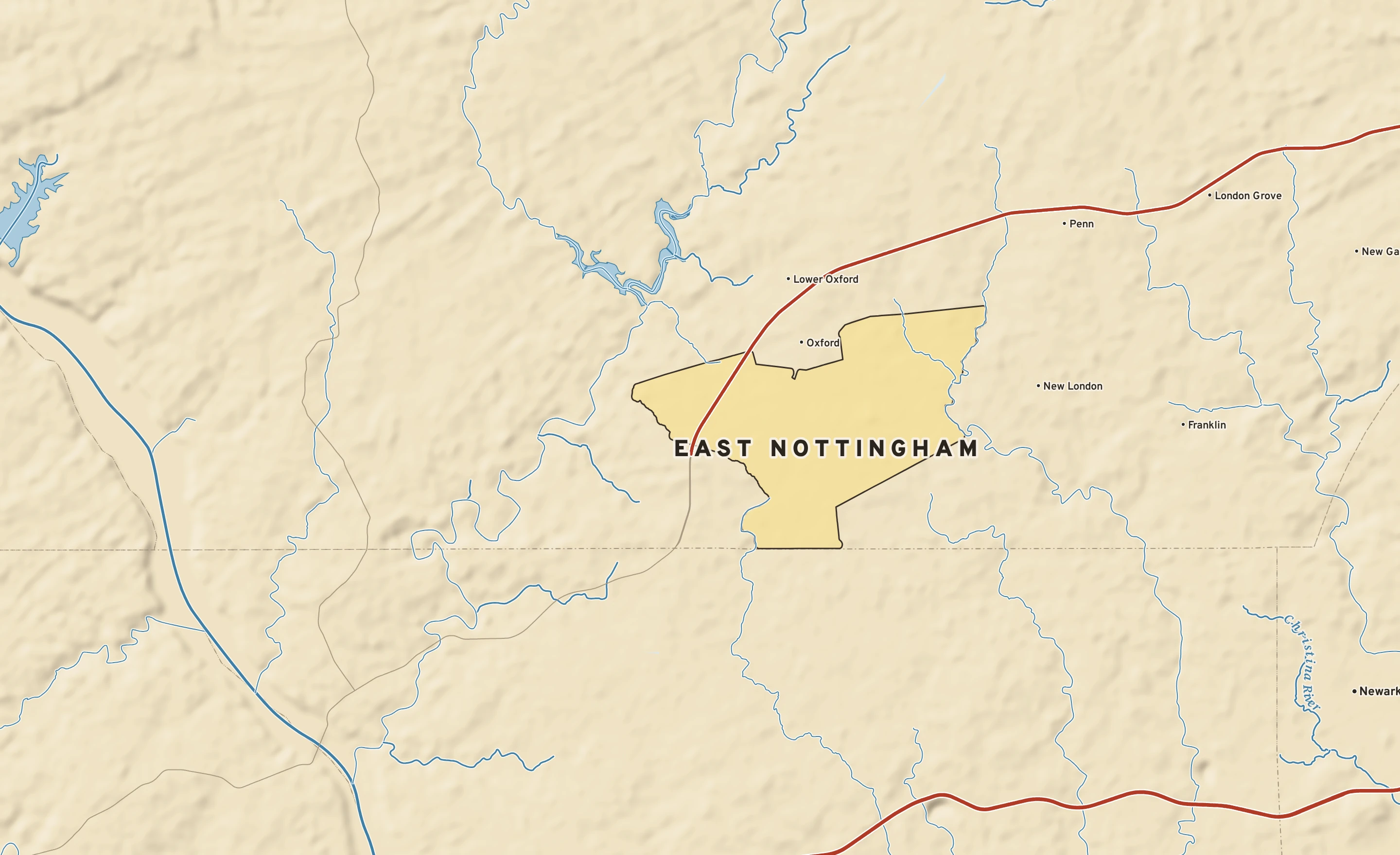 Shaded-relief atlas plate of East Nottingham, Pennsylvania: rivers, roads, the city limits and where the water drains.