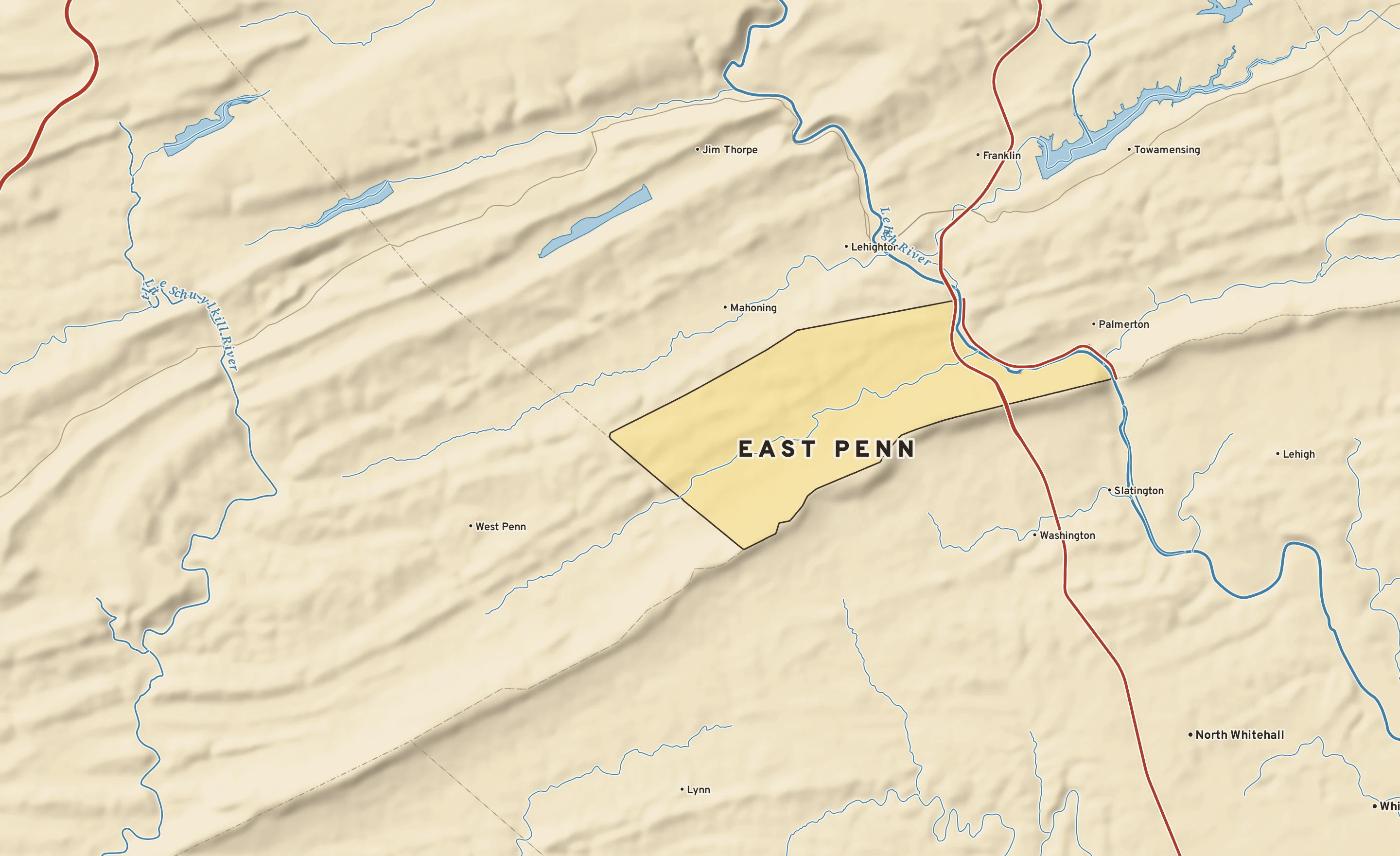 Shaded-relief atlas plate of East Penn, Pennsylvania: rivers, roads, the city limits and where the water drains.