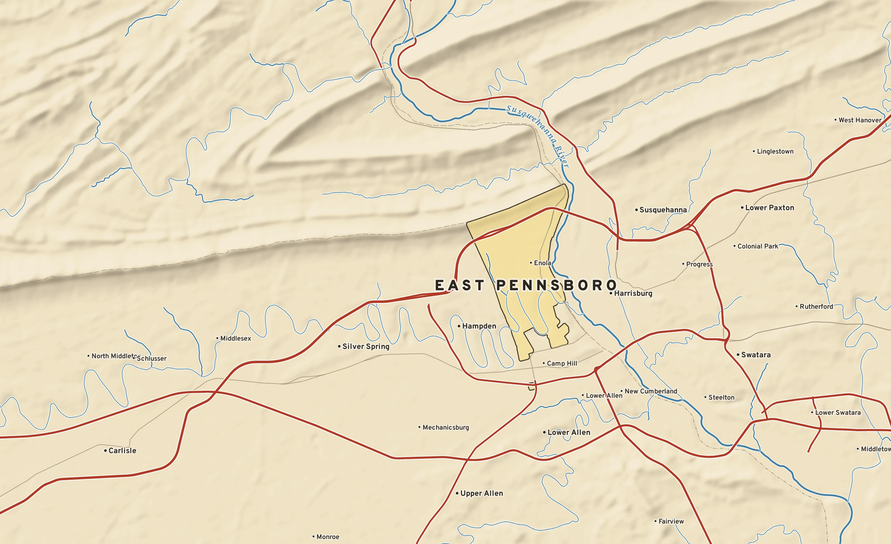 Shaded-relief atlas plate of East Pennsboro, Pennsylvania: rivers, roads, the city limits and where the water drains.